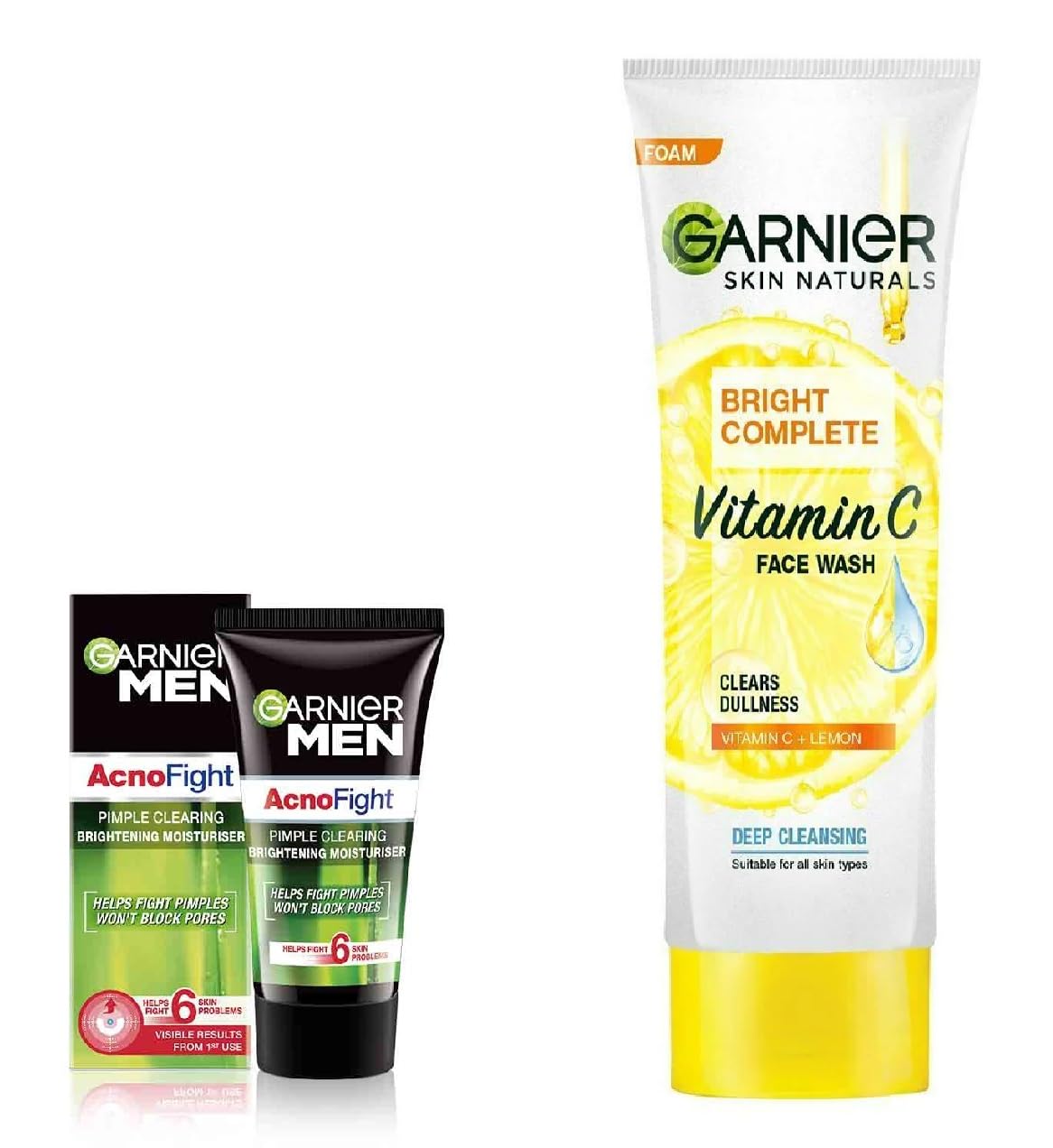 Garnier Bright Complete Vitamin C Foam Face Wash 100G + Garnier Men Acno Fight Pimple Clearing Brightening Moistiriser 20G (2 It