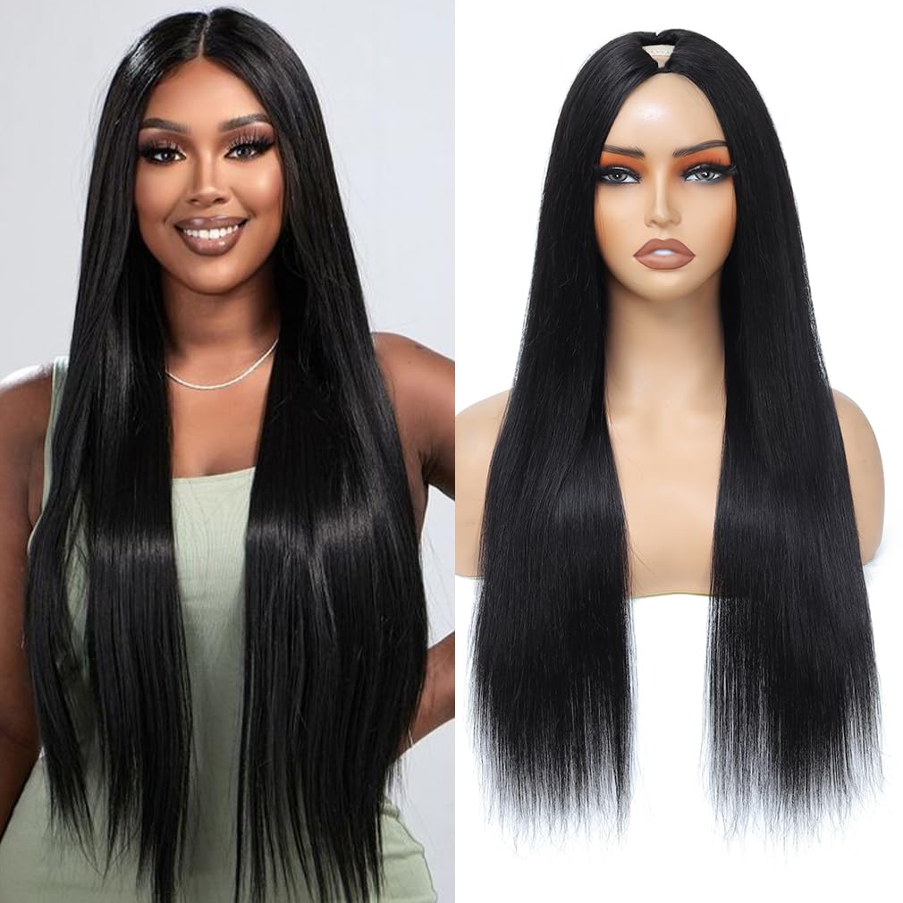 Aolvoblees V Part Wig Human Hair Straight No Leave Out Upgrade U Part Wig for Women V Shape Wig Clip in Half Wig Beginner Friend