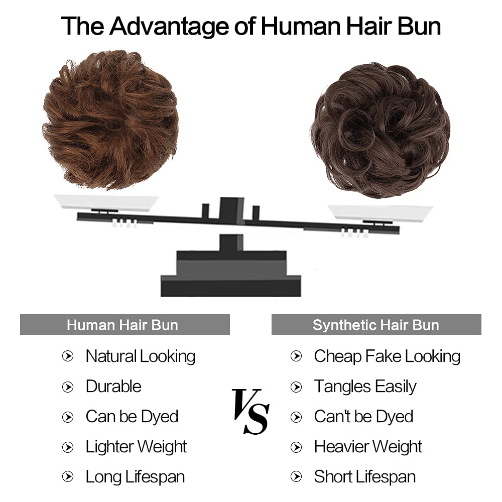 Feshfen Women'S Medium Auburn Wavy Curly Human Hair Messy Bun Hairpiece, 100% Real Hair, Easy To Use, Suitable For All Occasions