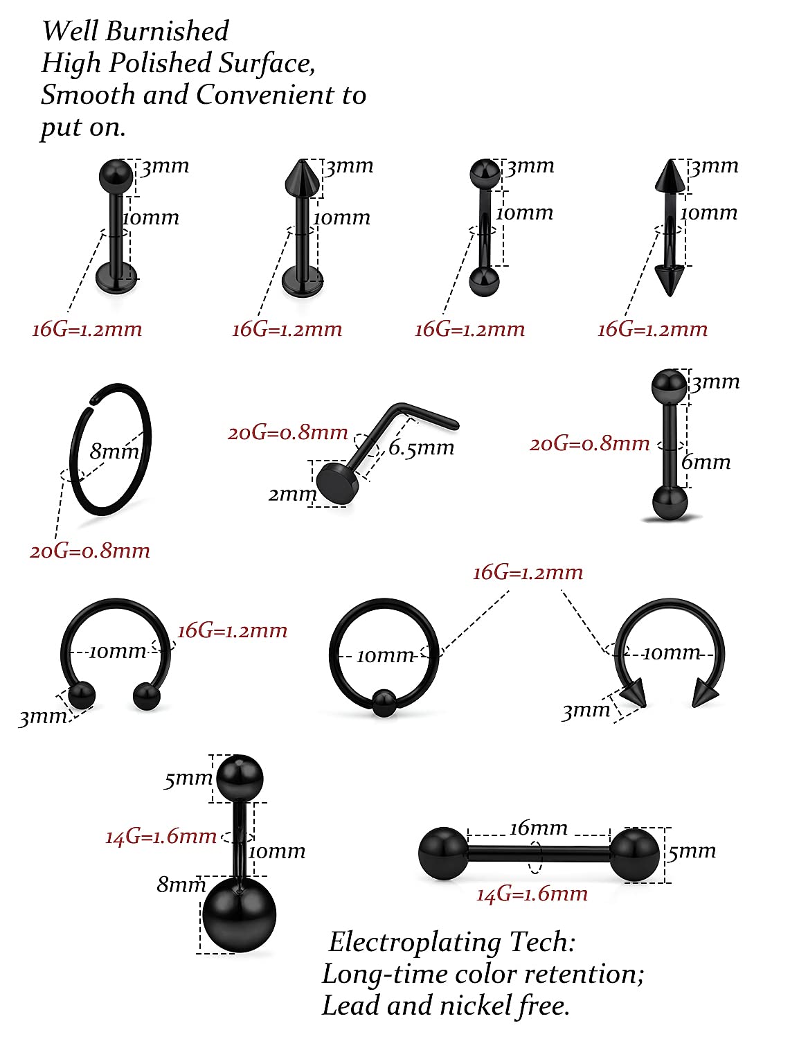 Vsnnsns Piercing Kit 316L Surgical Steel Body Jewelry Piercing Kit with 12G 14G 16G 18G 20G Piercing Needles Use for Nose Septum