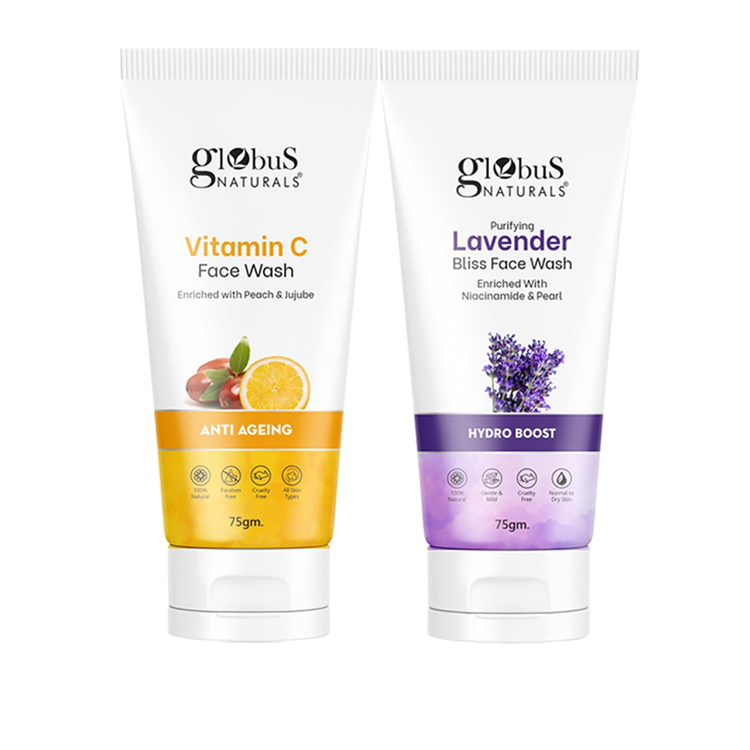 Globus Naturals Face Wash Combo Anti Ageing Vitamin C, Hydro Boost Lavender, Face Wash Set Of 2, 75 Gm