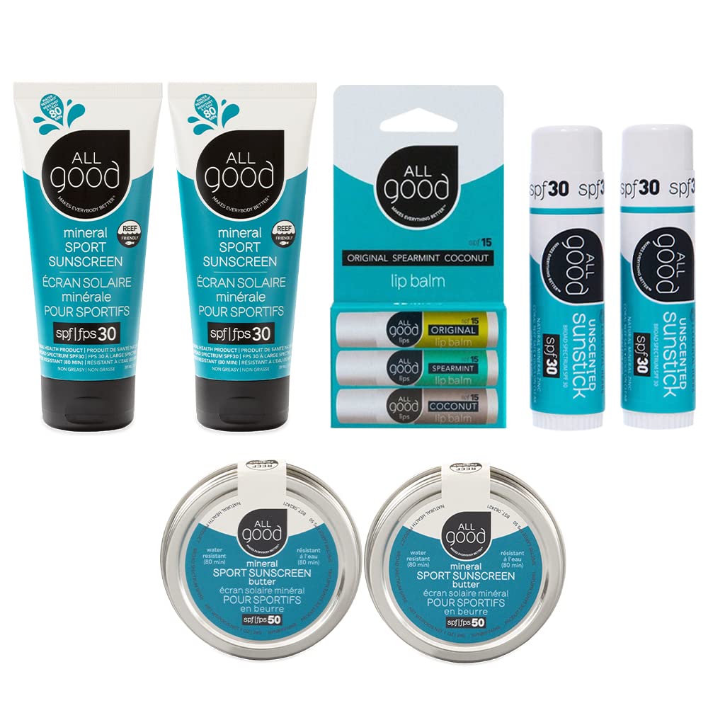 All Good Mineral Ultimate Sun Care Set - 3-Pack SPF Lip Balms, 2 Sunscreen Lotions, 2 Zinc Sun Butters, & 2 Face/Nose/Ear Sunsti