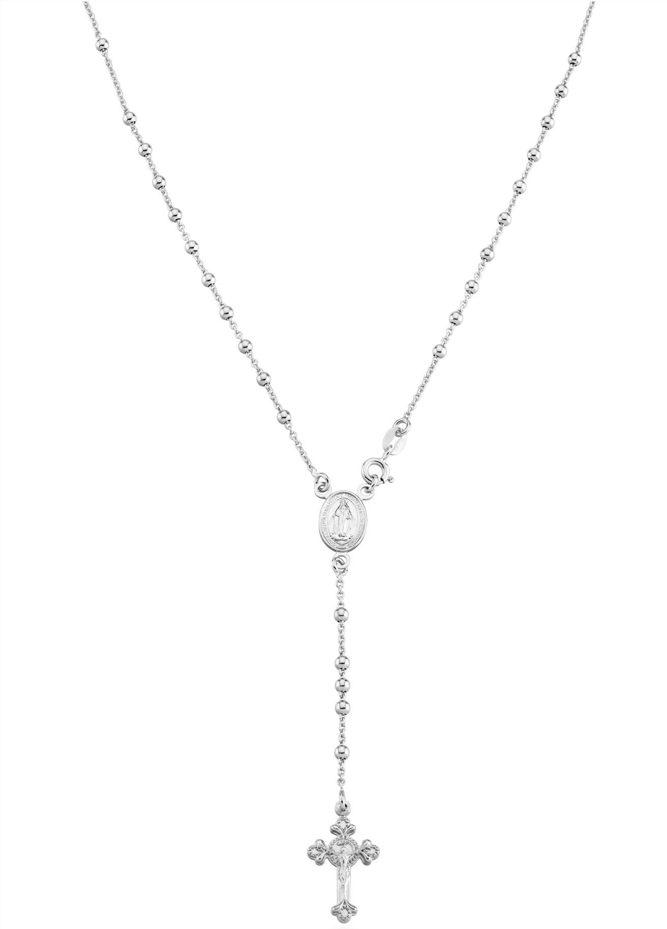 Miabella Italian 925 Sterling Silver or 18K Gold Plated Rosary Bead Cross Y Necklace Chain for Women (sterliing silver, Length 2