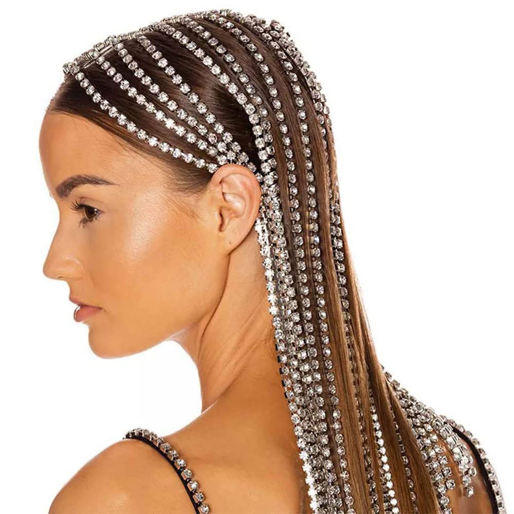 YERTTER Dainty Silver Sparkly Tennis Chain Rhinestone Headband Long Tassel Chain HeadPieces Crystal Hairhoop Headband Hair Acces