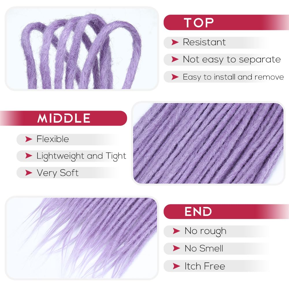 18 Inch Lavender Purple Double Ended Dreadlock Extensions, 20 Strands Handmade Synthetic DE Dreads Extensions, Thin 0.6cm Width
