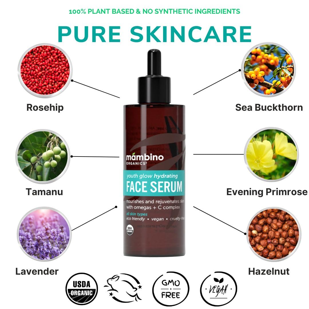 Youth Glow Hydrating Serum - Organic, Face Serum with Namibian Marula - Nourishing Omegas & Vitamin C for Dryness, Dark Spots, D