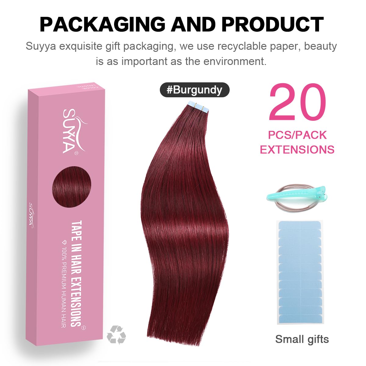 Suyya Tape In Hair Extensions Burgundy 100% Real Remy Human Hair 16 Inches 20Pcs 40G/Pack Straight Seamless Skin Weft Tape Human