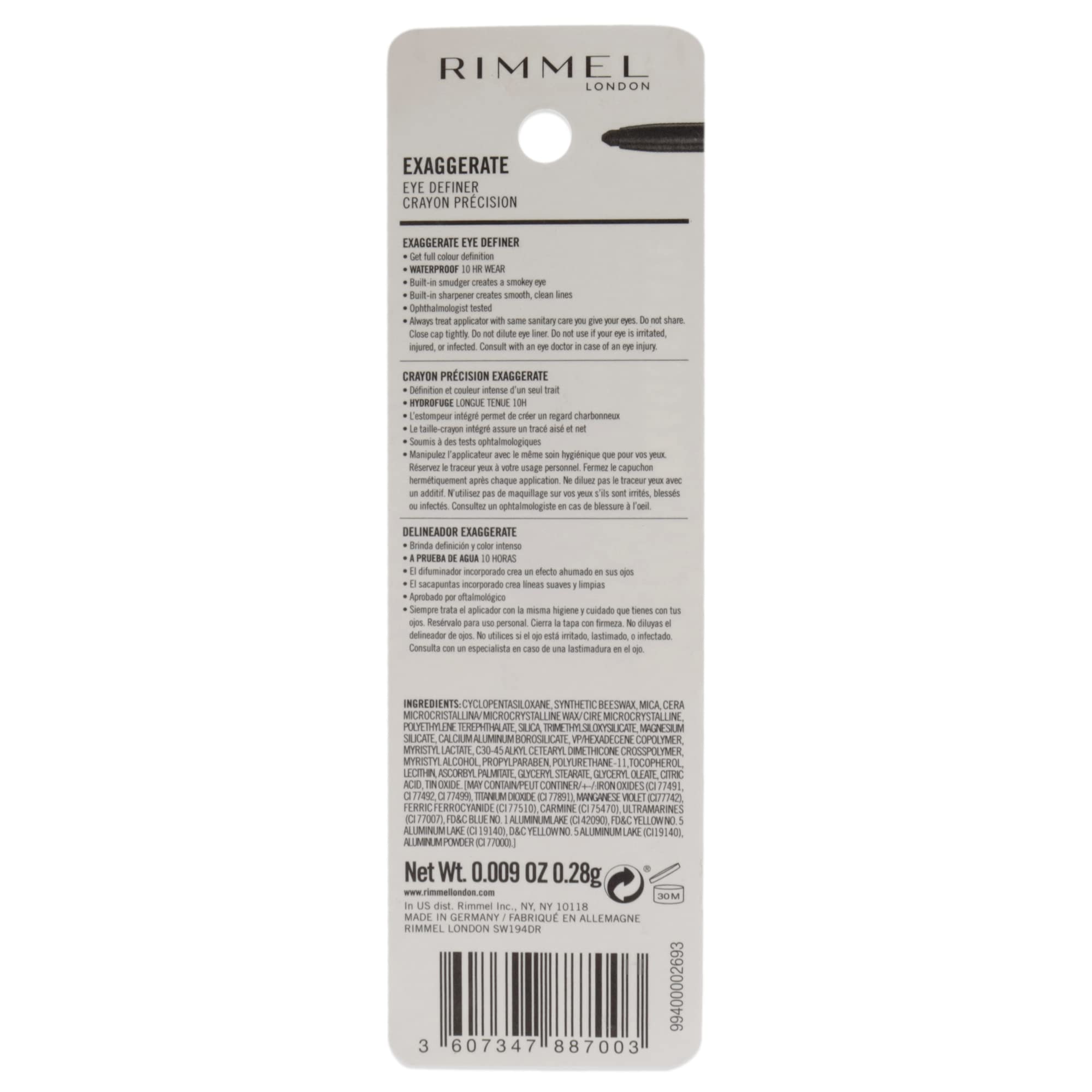 Rimmel London Exaggerate Waterproof Eye Definer Eyeliner, Highly Pigmented, Long-Wearing, Built-In Smudger, 212, Rich Brown, 0.0