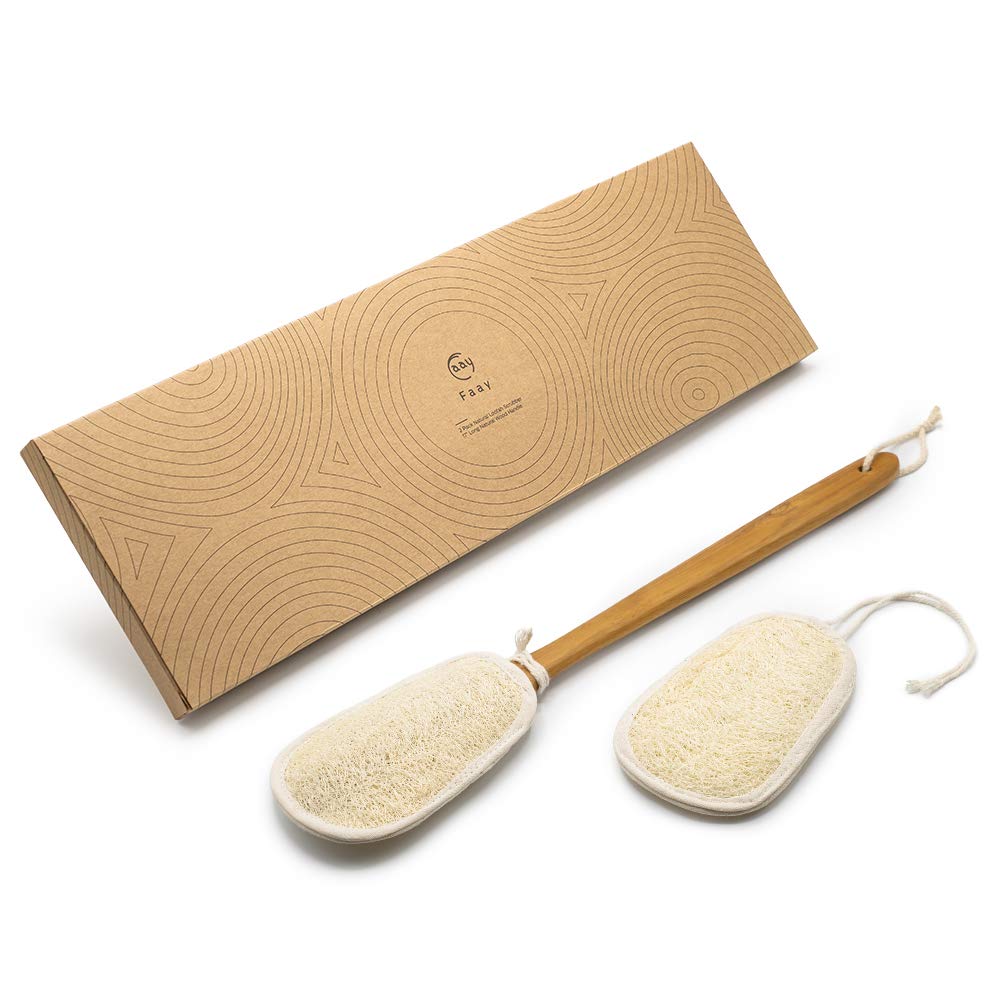 Faay 17 Inch Natural Exfoliating Loofah Back Scrubber On A Stick With Luffa Sponge Pads Refills - Long Handle Loofa Body Bath &