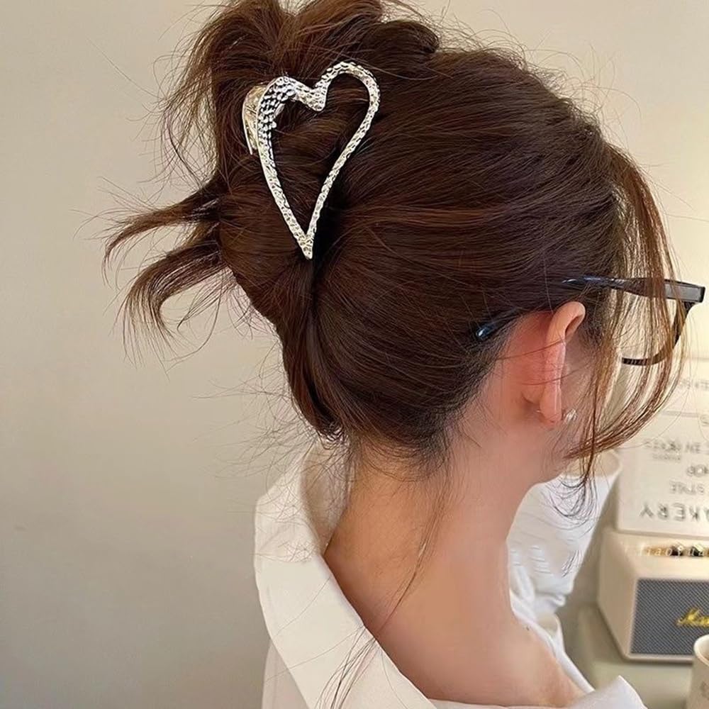 Kolonams Heart Hair Clip, Metal Sliver, Valentine'S Day Hair Accessories, No Slip Heart-Shape Claw For Thick & Thin Hair, 3.14 I
