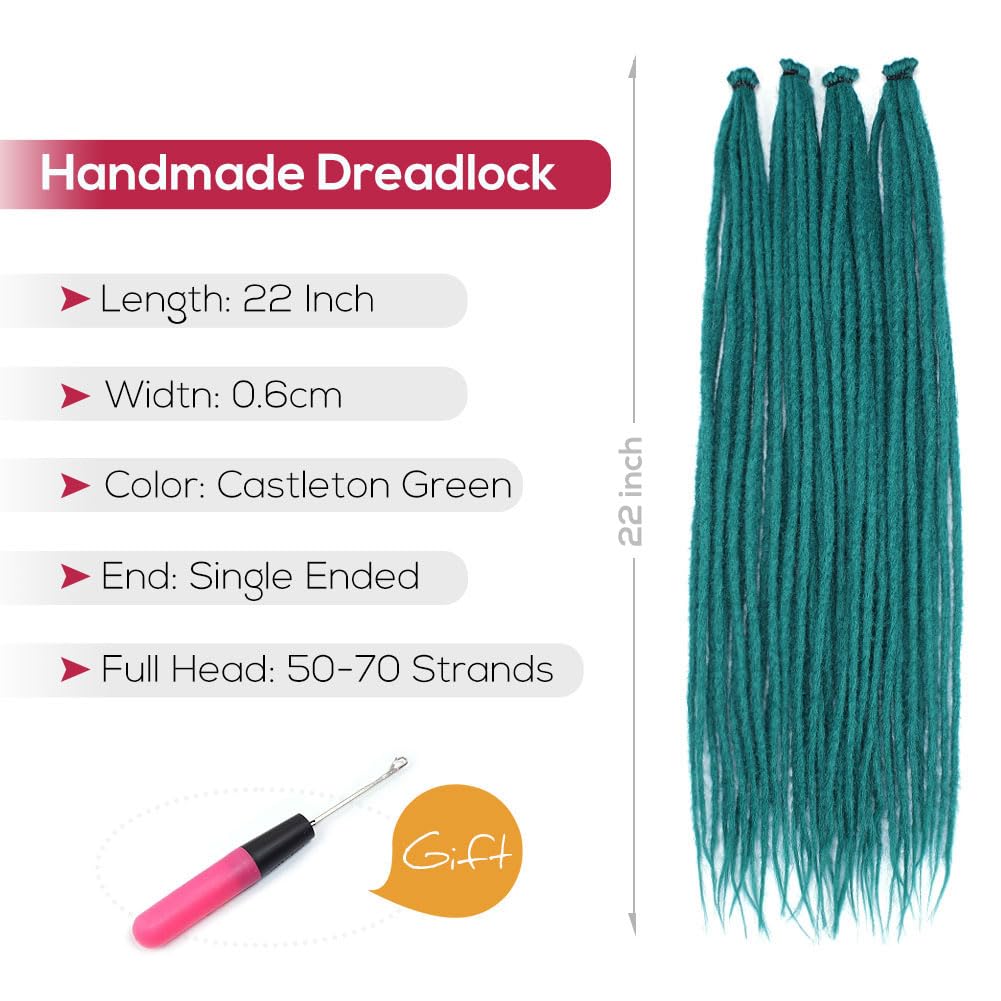 Kraler 22 Inch 40 Strands Dreadlock Extensions, Thin 0.6Cm Width Castleton Green Synthetic Crochet Dreads Extensions 100% Handma
