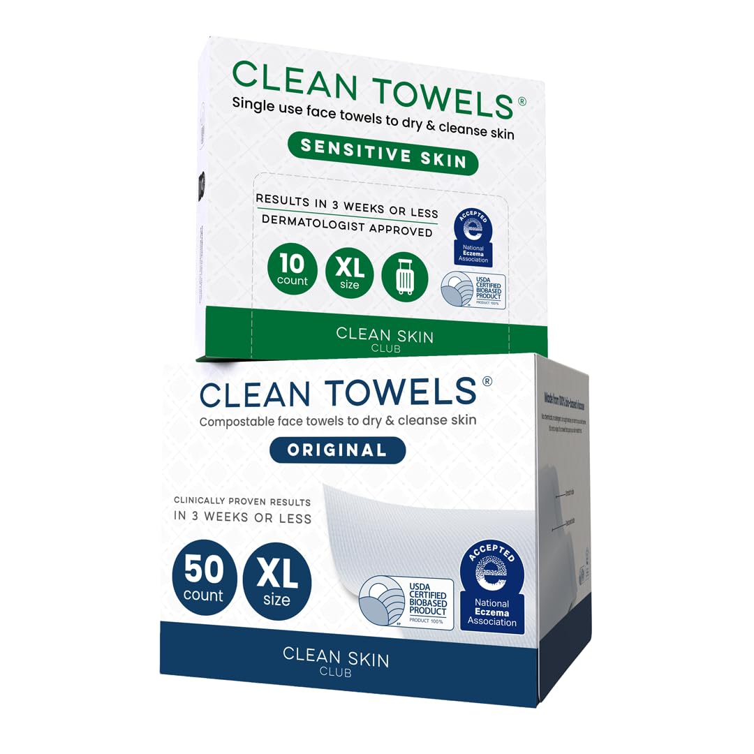 Clean Skin Club Clean Towels XL Original 50 Ct + Sensitive Skin 10ct Travel Pack Duo, 100% USDA Biobased Disposable Face Towels,