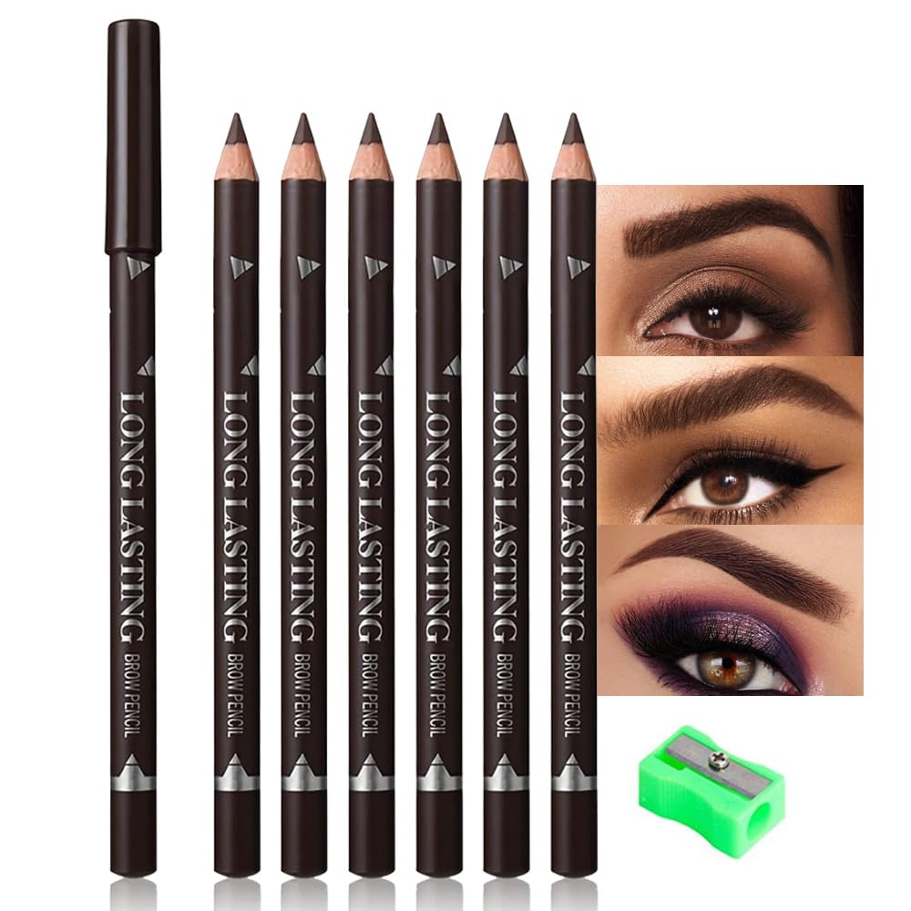 6Pcs Brow Pencil, Wooden Hard-Core Eyebrow Pencils, Eyebrow Pencil Dark Brown, Eyebrow And Eyeliner Pencils, Waterproof And Swea