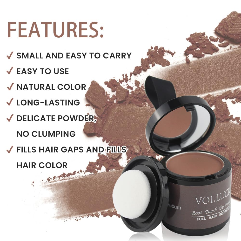 Volluck Root Touch Up Hair Powder For Women And Men, Root Concealer For Hair, Bald Spots And Eyebrows, 0.35 Ounce, Auburn