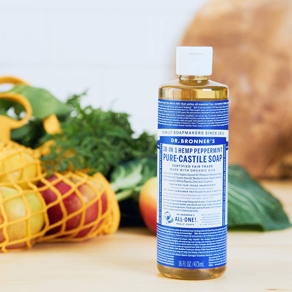 Dr Bronneras - Pure-Castile Liquid Soap (Peppermint, 16 Ounce) - Made With Organic Oils, 18-In-1 Uses: Face, Body, Hair, Laundry