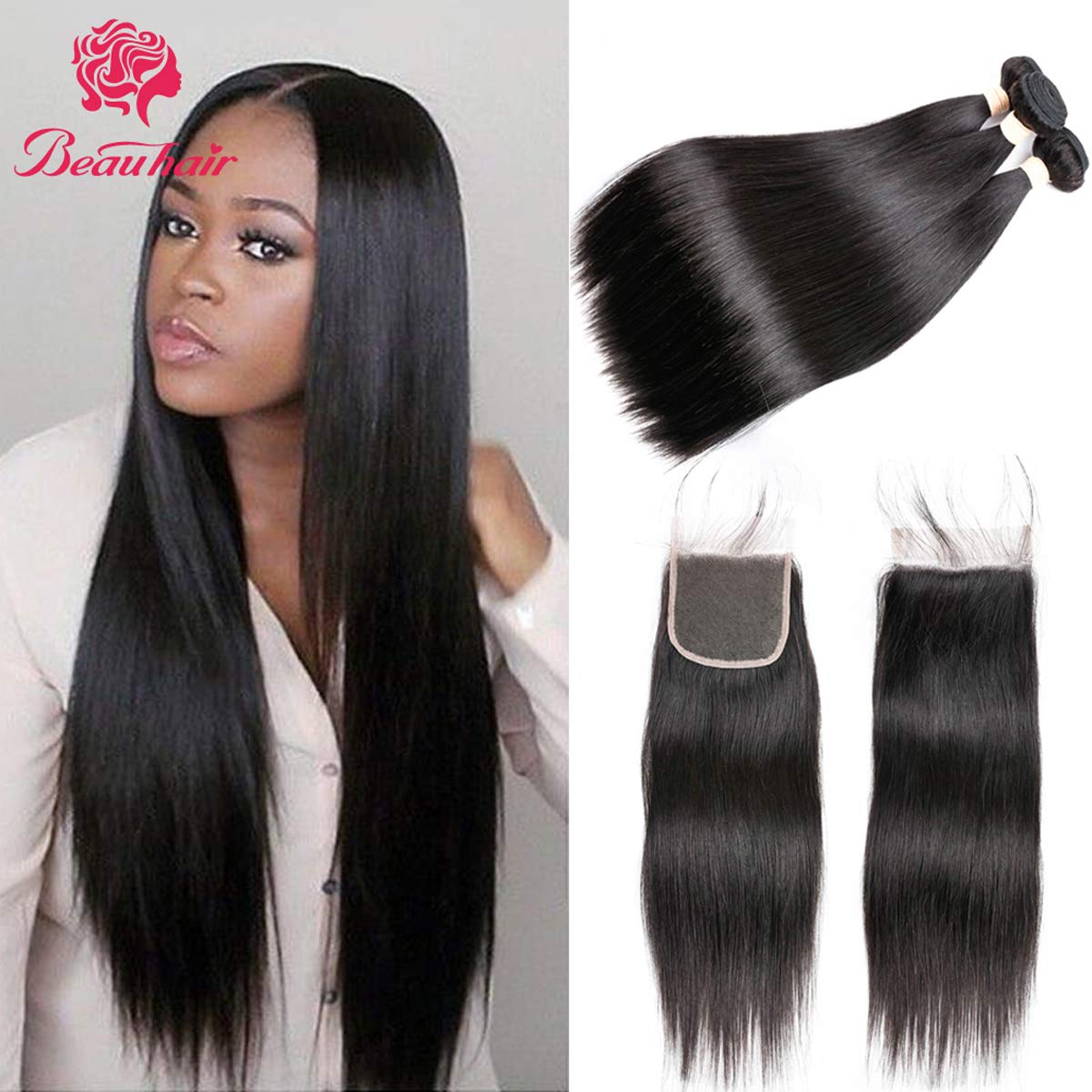 Beauhair 7A Brazilian Straight Hair 3 Bundles with Lace Closure (8 10 12+12 Free Part closure) Virgin Human Hair Weave 100% Unpr