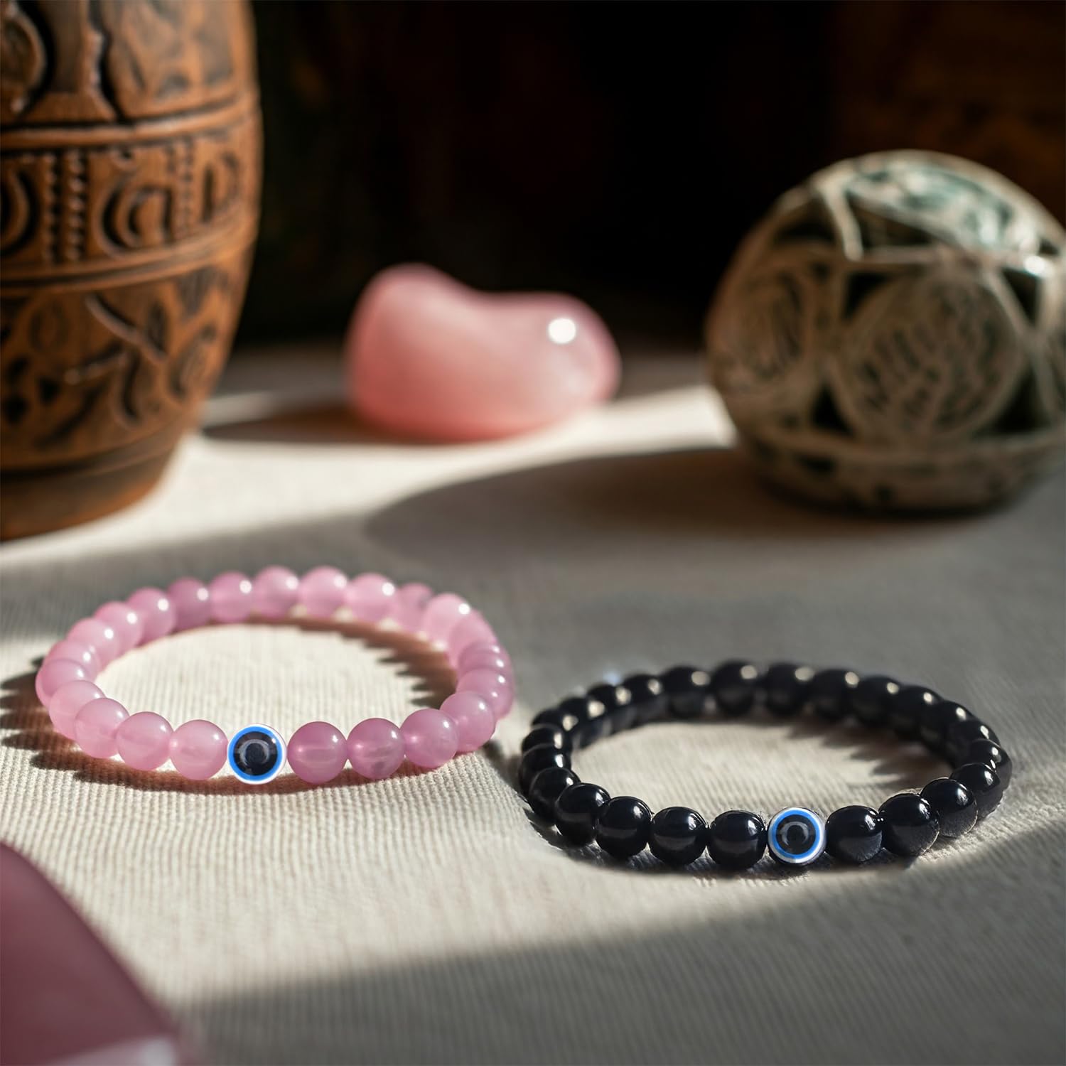 Astrotalk Couple Love Attraction & Evil Eye Bracelet Combo | Rose Quartz Bracelet for Love & Evil Eye Bracelet for Protection |