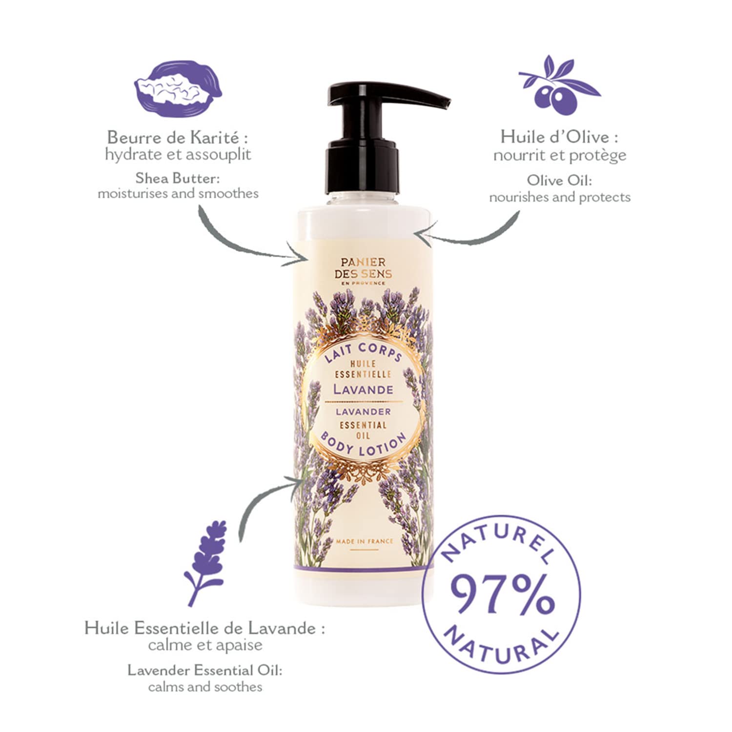 Panier des Sens - Lavender Body Lotion for Dry Skin - Hydrating Body Cream for Women - Fluid Body Moisturizer with Shea Butter &