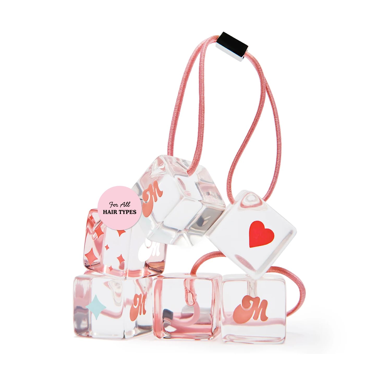 Mane Cutie Cubes Hair Bobbles - Clear & Pink Acrylic Hair Ties and Ponytail Holders for All Textures & Types with a Comfortable 