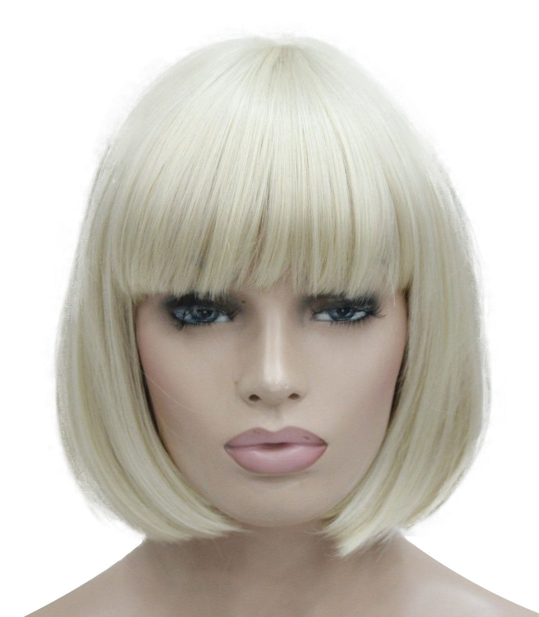 Lydell 8'' Straight Short Bob Hair Flat Bangs Cute Central Dot Skin Top Heat Resistant Synthetic Wigs (614 Pale Blonde)