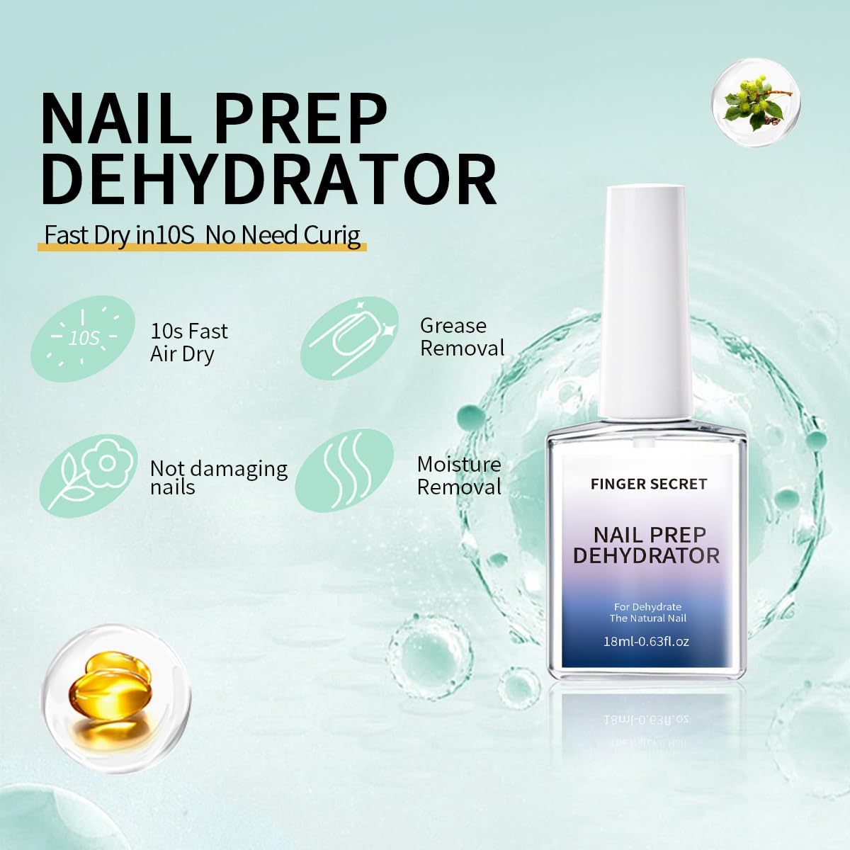 Finger Secret Nail Prep Dehydrator for Gel Polish 18ml/0.6floz, Fast Dry Primer, Nails Dehydrator for Nail Art Design in Salon o