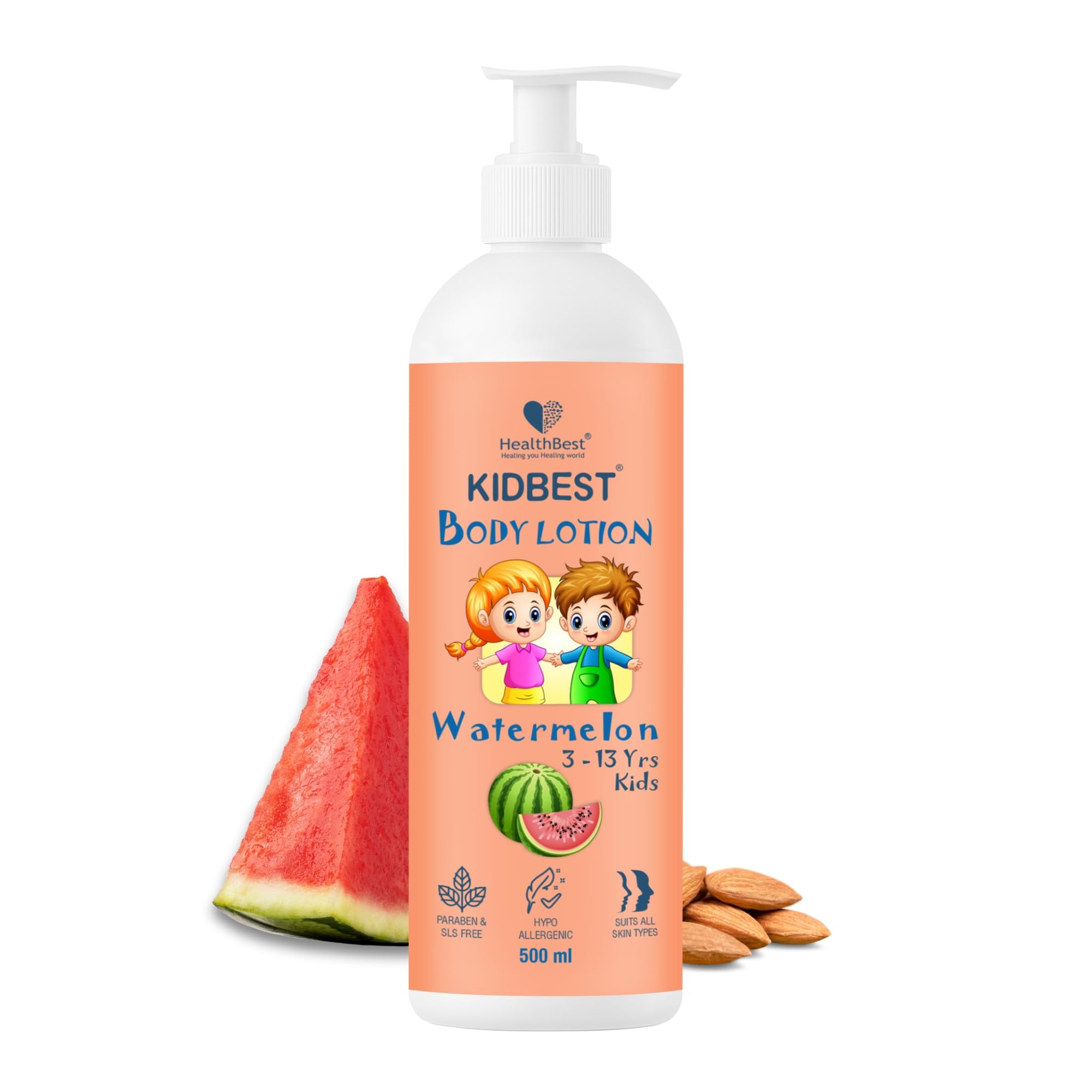 Healthbest Kids Body Lotion 500Ml - Tear Free, Watermelon Moisturizer With Shea Butter & Vitamin E - Antibacterial, Paraben & Sl