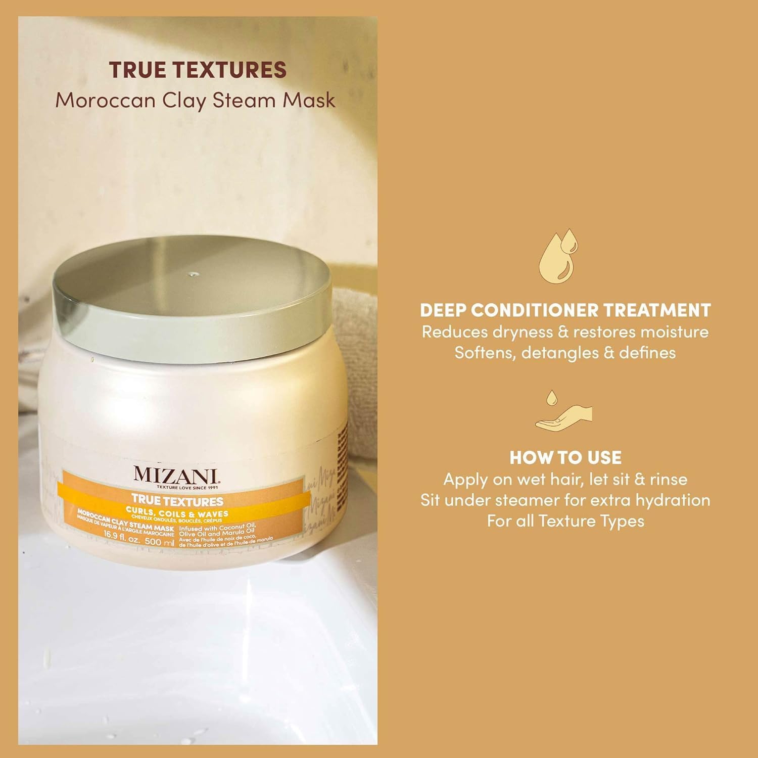 Mizani True Textures Moroccan Clay Steam Mask - Deeply Conditions & Nourishes With Coconut Oil, For Curly Hair