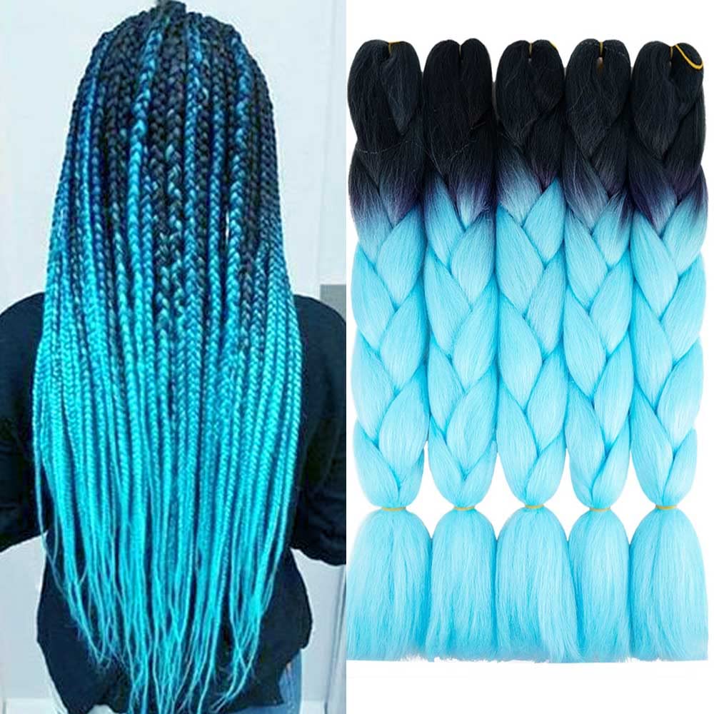 AIDUSA Ombre Braiding Hair Light Blue 5pcs Synthetic Braid Hair Extensions Jumbo Braiding Hair 24 Inch 2 Tones for Box Braids Tw