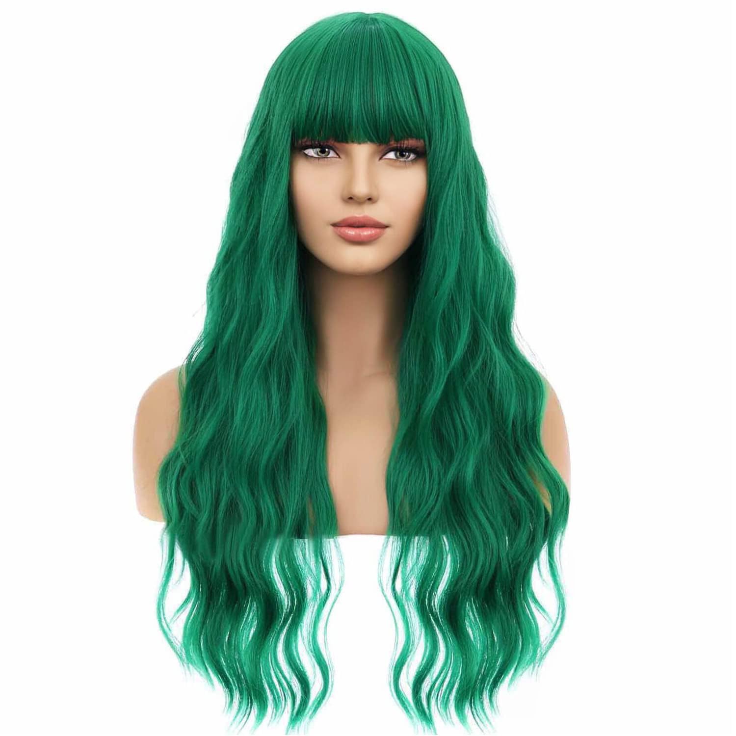 Beron Emerald Green Wig Long Curly Wig Green Wig With Bangs Long Wavy Wig Dark Green Wigs For Women Synthetic Wig For Daily Part
