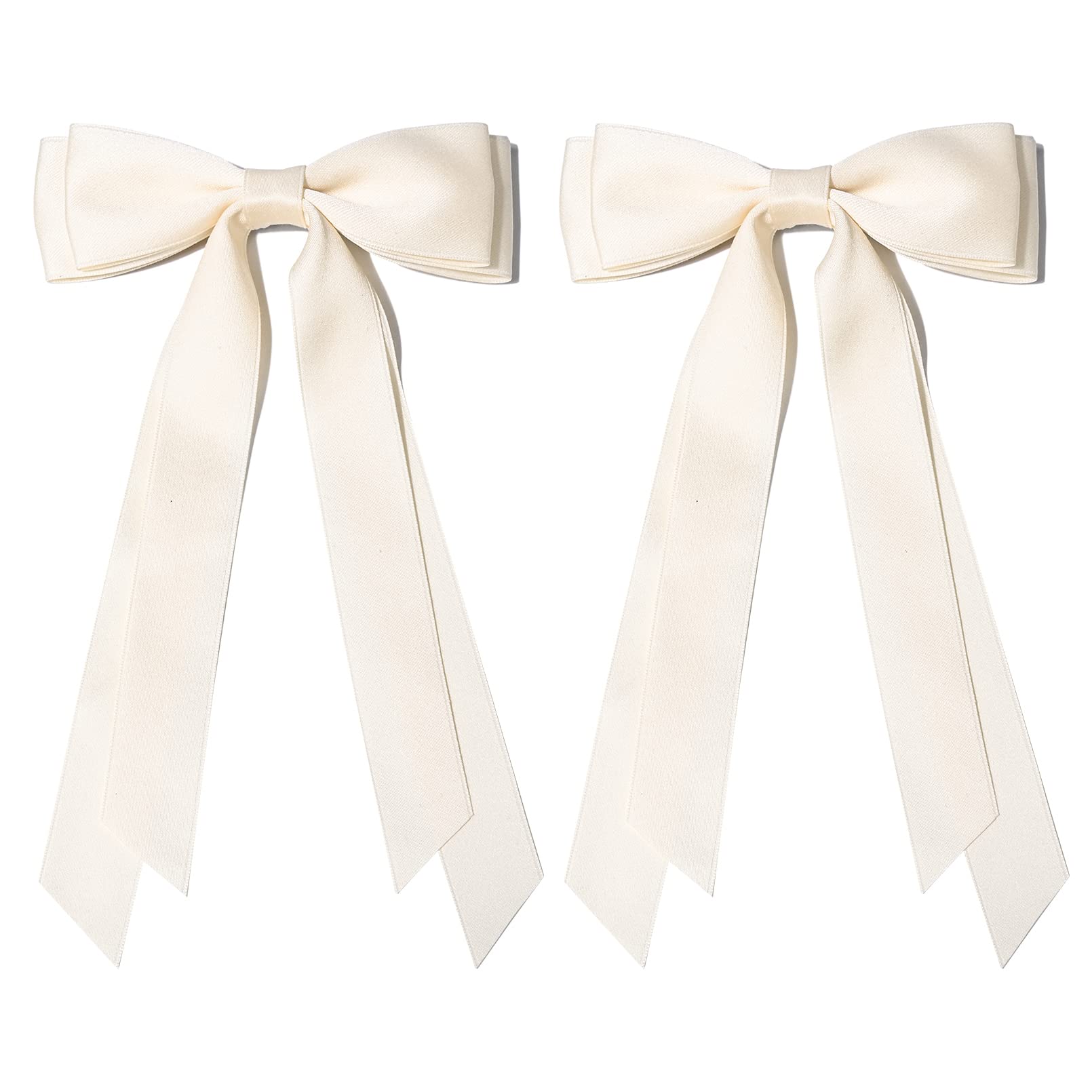 2Pcs Silky Satin Hair Bows Hair Clip Beige Hair Ribbon Ponytail Holder Accessories Slides Metal Clips Hair Bow For Women Girls T
