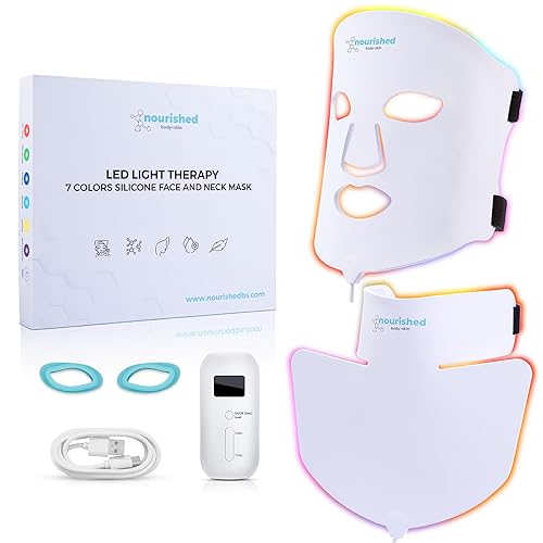 Nourished Bodynskin LED Light Therapy Face & Neck Mask - 7 Colors, Rejuvenation, Anti-Aging - 1 Count, White, Model NBS-1