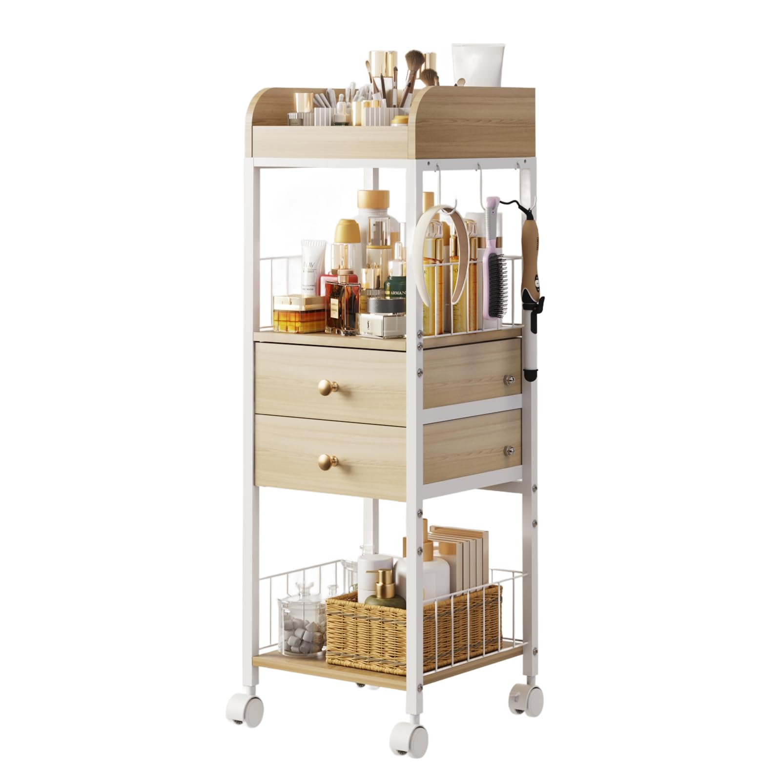 DONGRONG Makeup Organizer Cart, Rolling Floor Skincare Organizer and Storage with 2 Wooden Drawers, Cosmetics Display Cases Hold