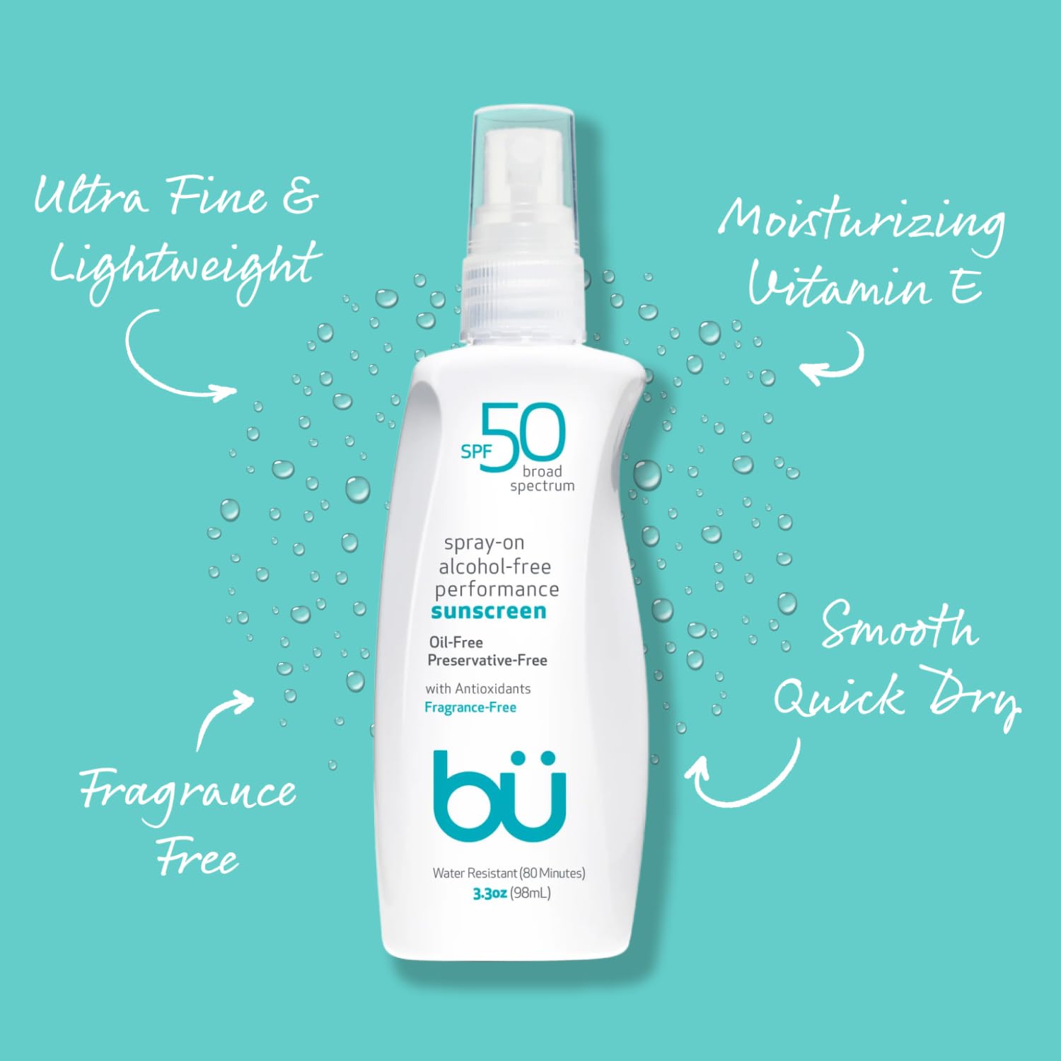 BU SPF 50 Sunscreen Spray for Face and Body, Non Aerosol Spray, Fragrance Free, Clear, Non Greasy, Water Resistant, Fragrance Fr