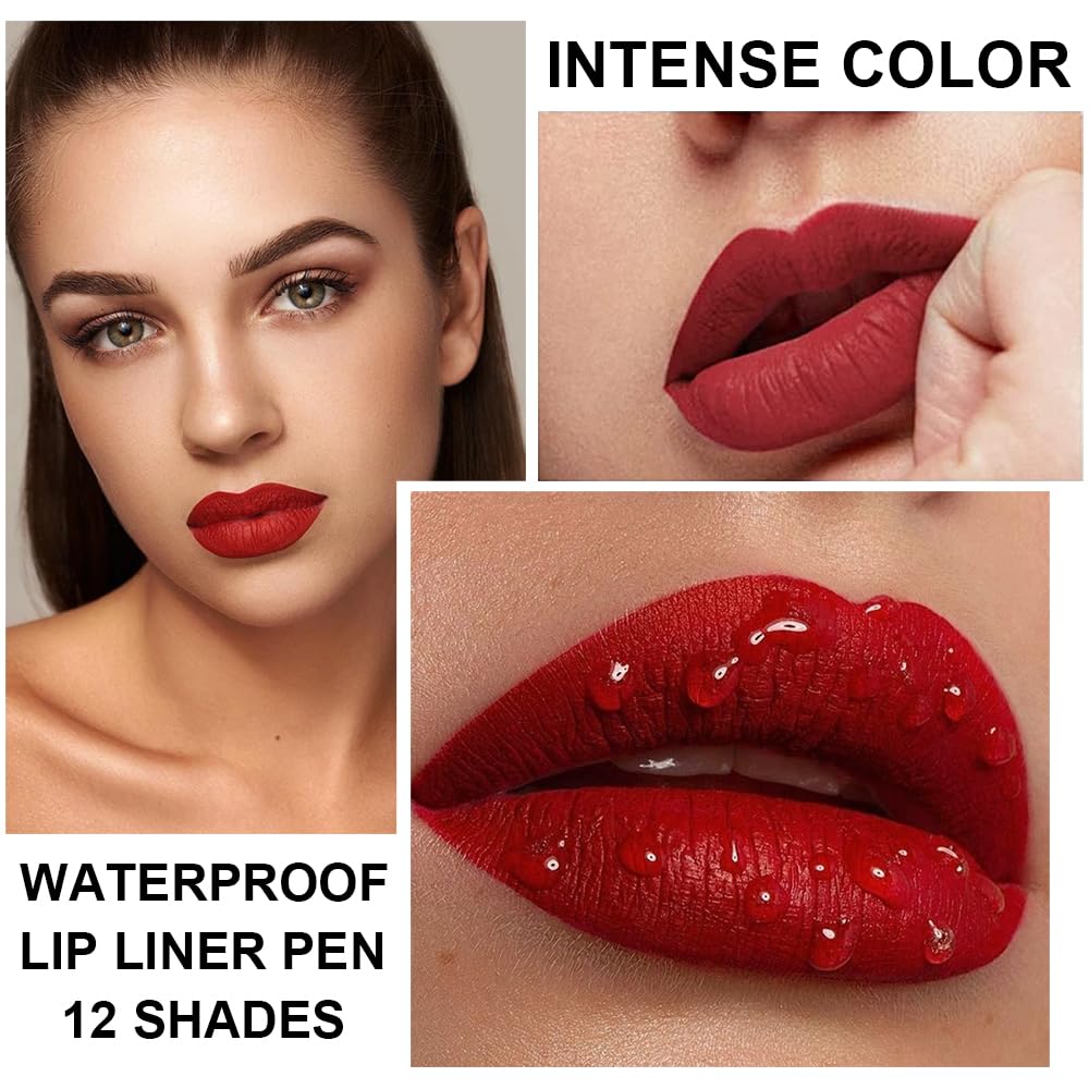 Kimieye Cream Lip Liner Set, 12 Colors Matte Finish Series Lip Liners Pen Kit For Women, Long Lasting Waterproof Smooth High Pig