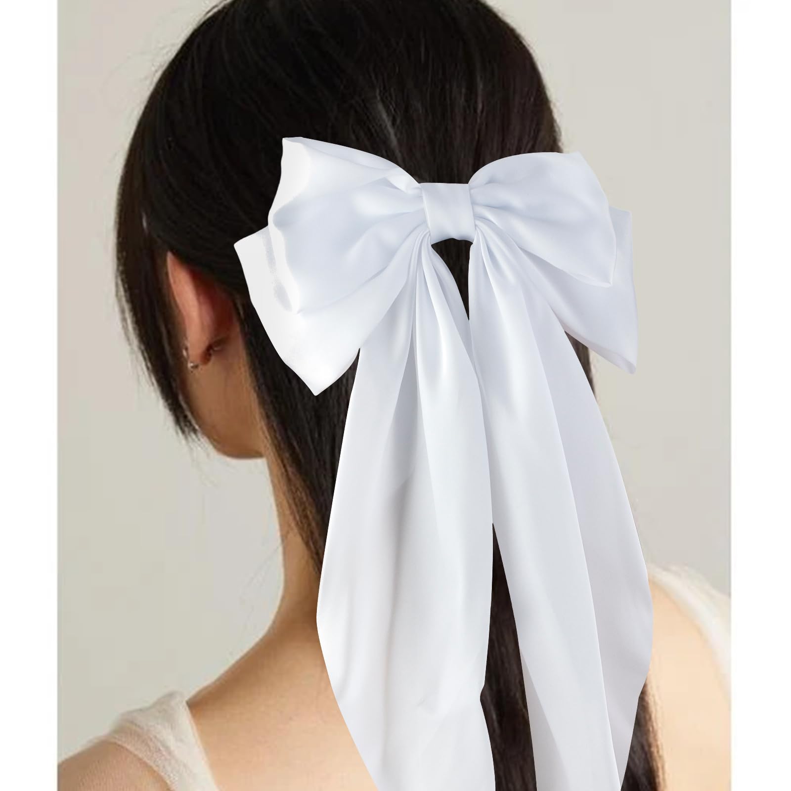 Satin Hair Accessories Set: Silky Bows, Ribbons, Hair Ties, Large Barrettes, Cute Clips With Long Tail For Women And Girls (Whit