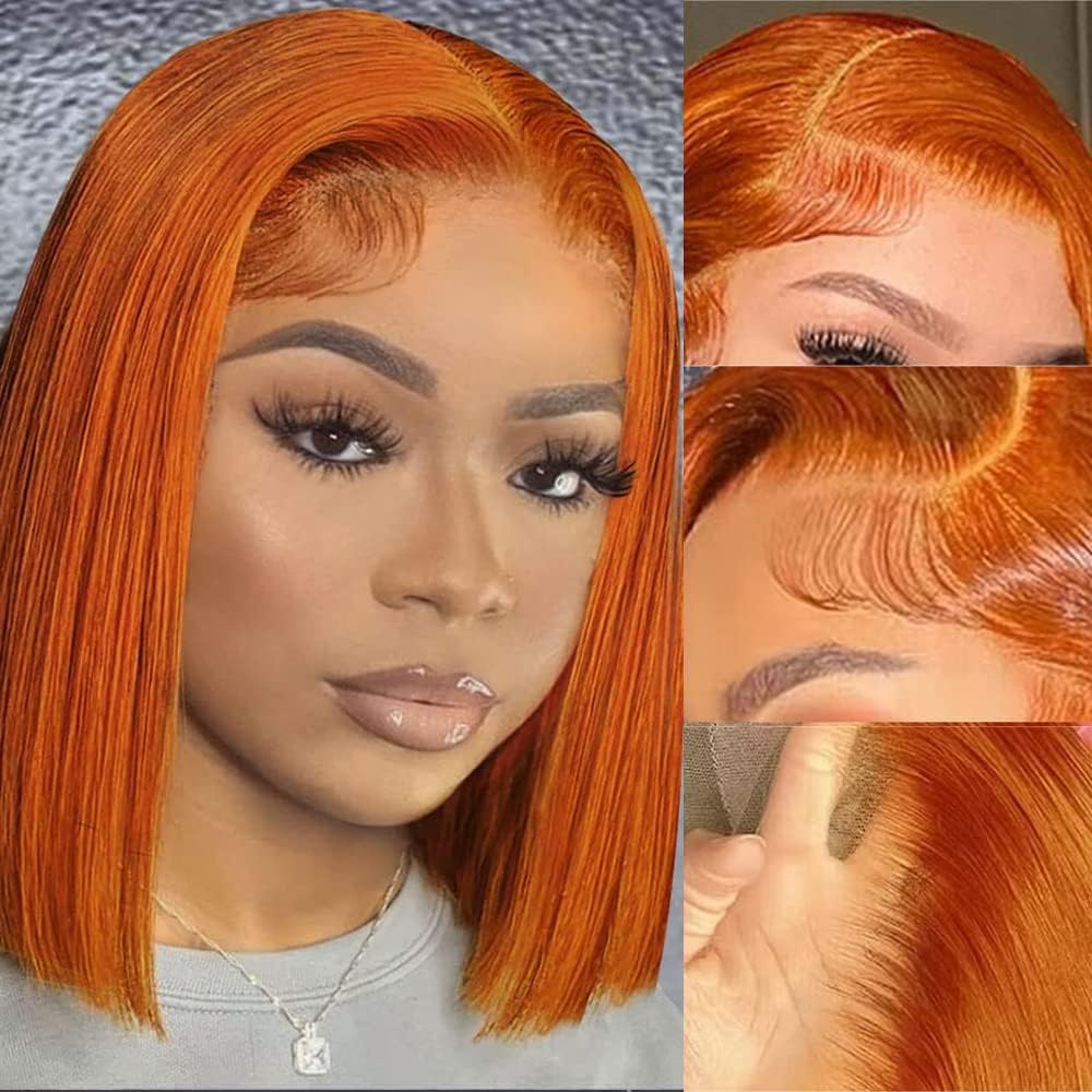 Guebb 13X4 Colored # 350 Ginger Orange Glueless Bob Wig Human Hair HD Transparent Lace Frontal Wig Short Blunt Cut Bob Wig Lace 
