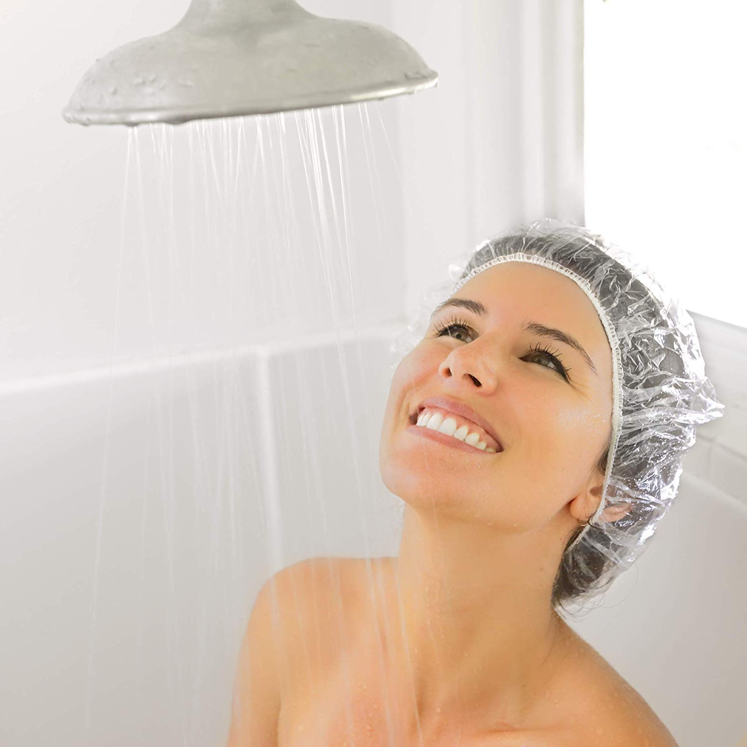 Auban 100Pcs Disposable Shower Caps, Plastic Clear Hair Cap Large Thick Waterproof Bath Caps For Women, Hotel Travel Essentials