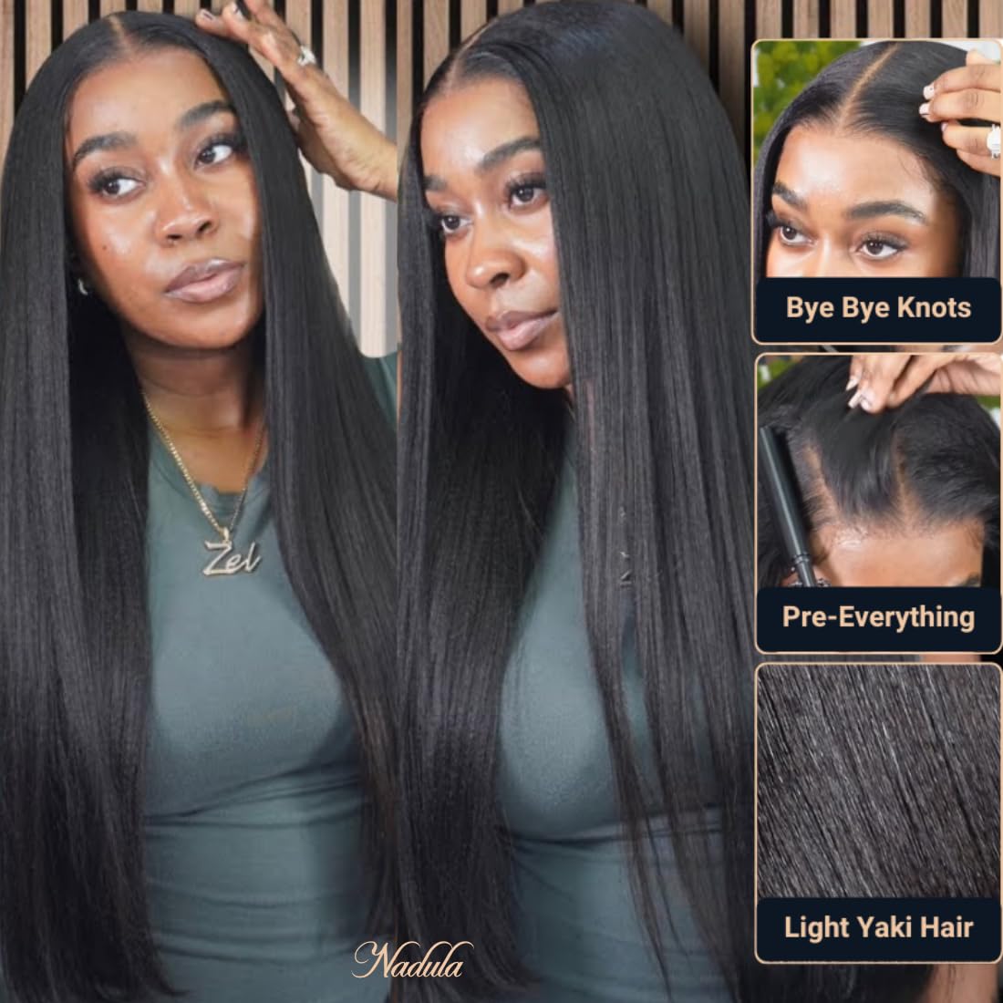 Nadula Glueless 7x5 HD Lace Front Wig - Yaki Straight Human Hair, 14 Inch, 180% Density, Pre Plucked, No Glue, Bye Bye Knots