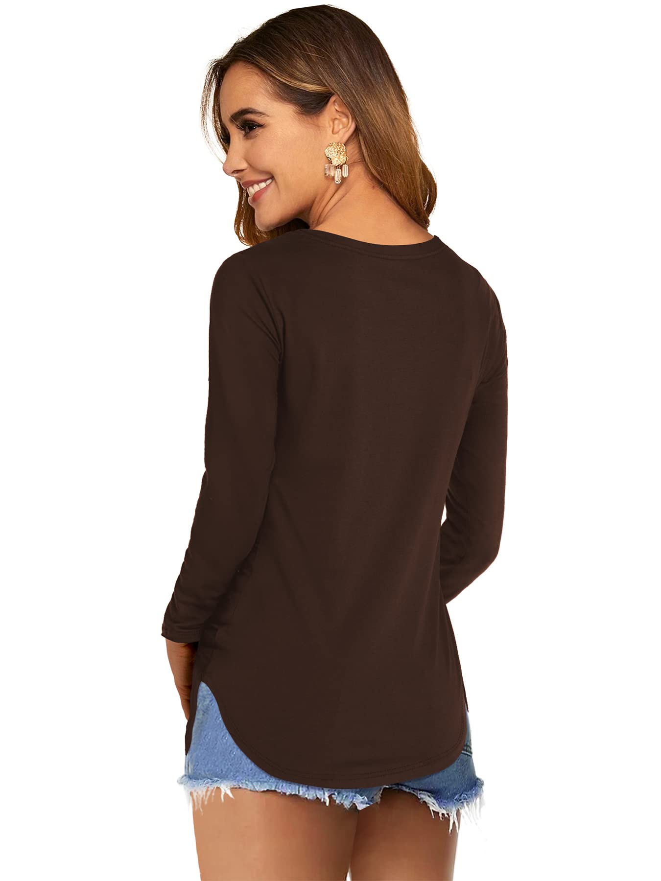 DittyandVibe Women Long Sleeve V Neck curved Hem Tunic Tops T Shirts (Brown,XL)
