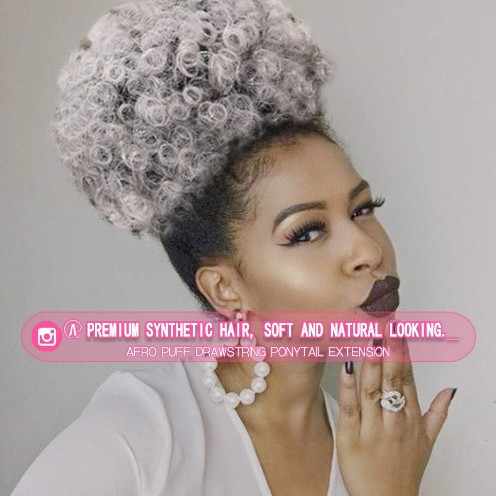 rosmile Afro Puff Drawstring Ponytail Extension, Ombre Gray #1BT0906, 7"-8" Diameter, Synthetic Clip-On Curly Bun for Black Women
