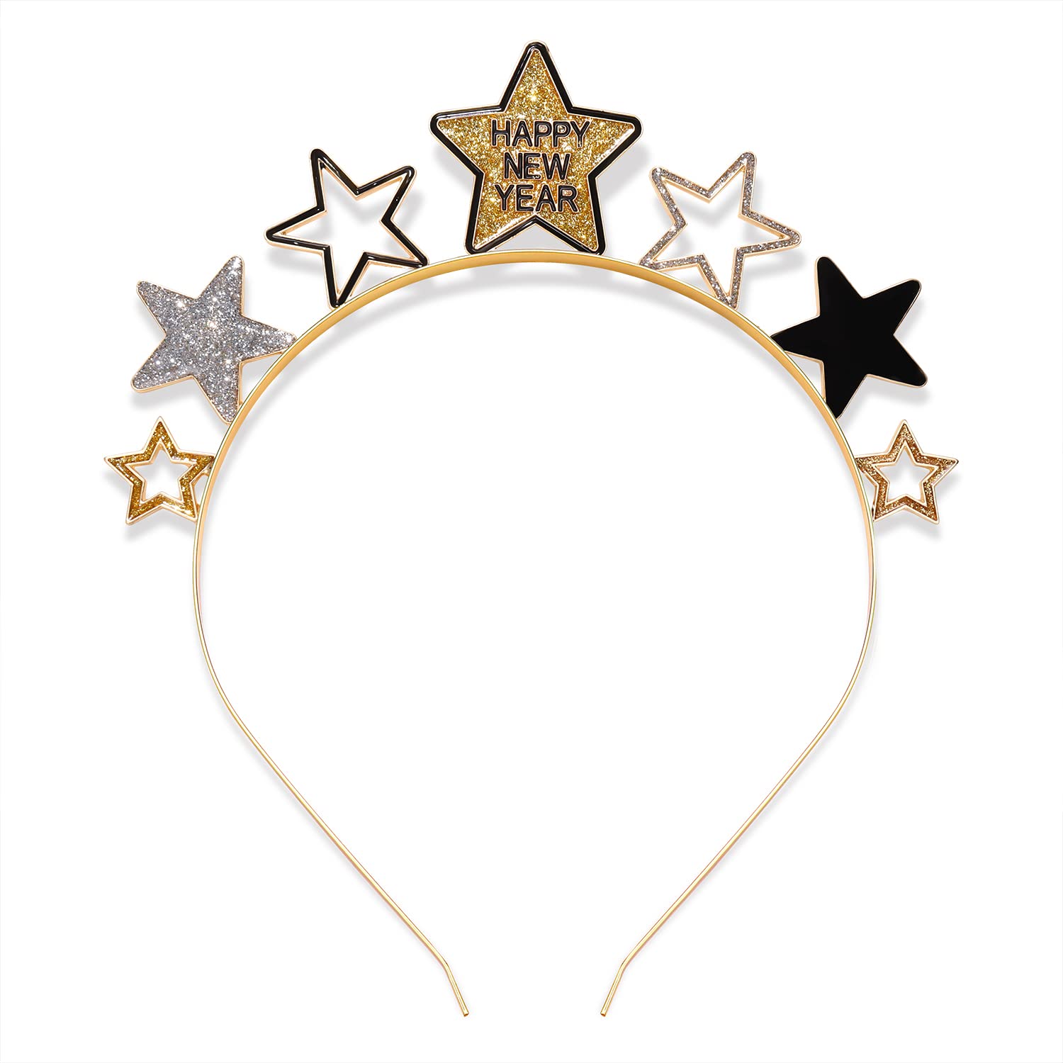 HEIDKRUEGER Happy New Year Headband Glitter Gold Star Headbands Black and Gold Hat Tiara Hairbands for Women New Years Eve Party