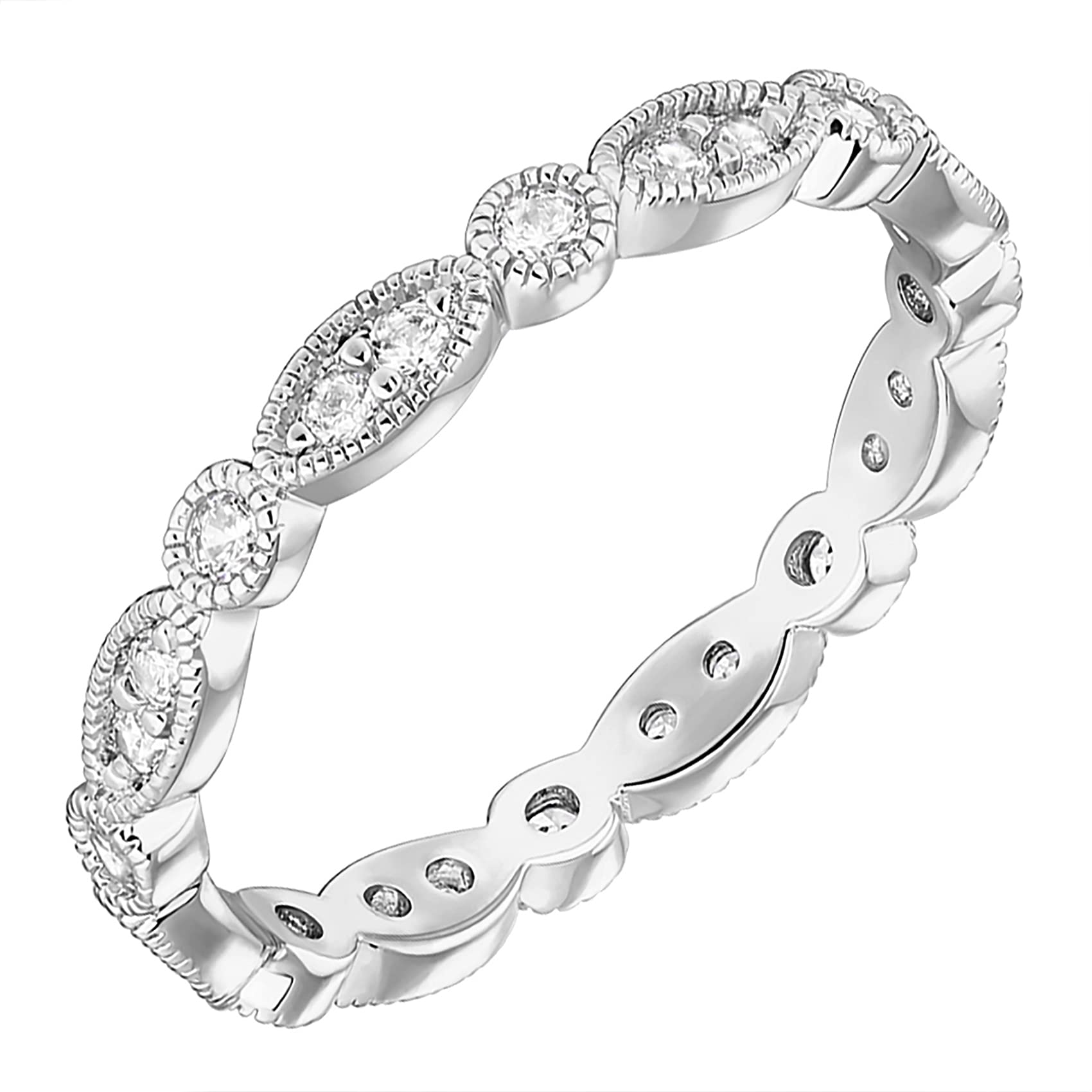 PAVOI 14K White Gold Plated Rings Cubic Zirconia Band | Round Milgrain Eternity Bands | White Gold Rings for Women Size 9