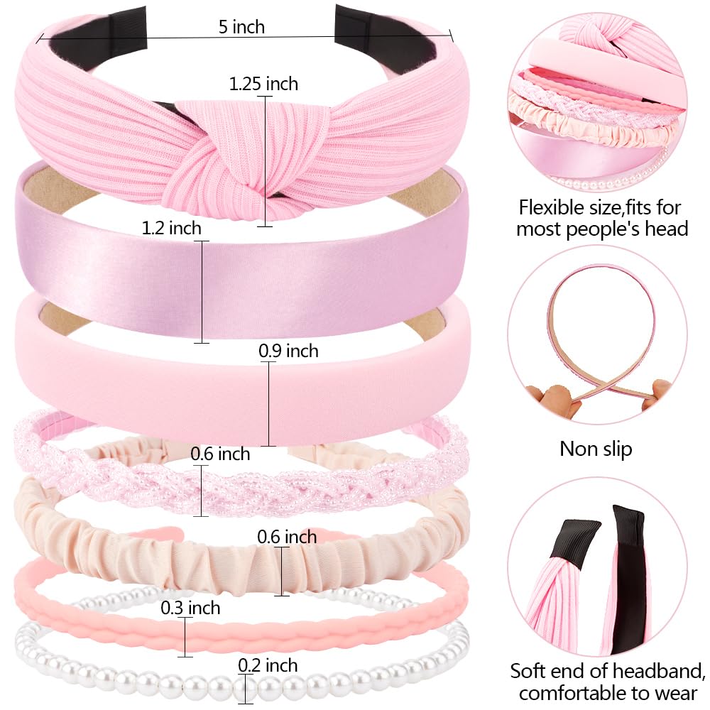 Ahoney 7 Pack Pink Headbands For Girls Women Headbands Trendy Non Slip Hairbands Cute Hair Accessories Multi-Style Headband Pack