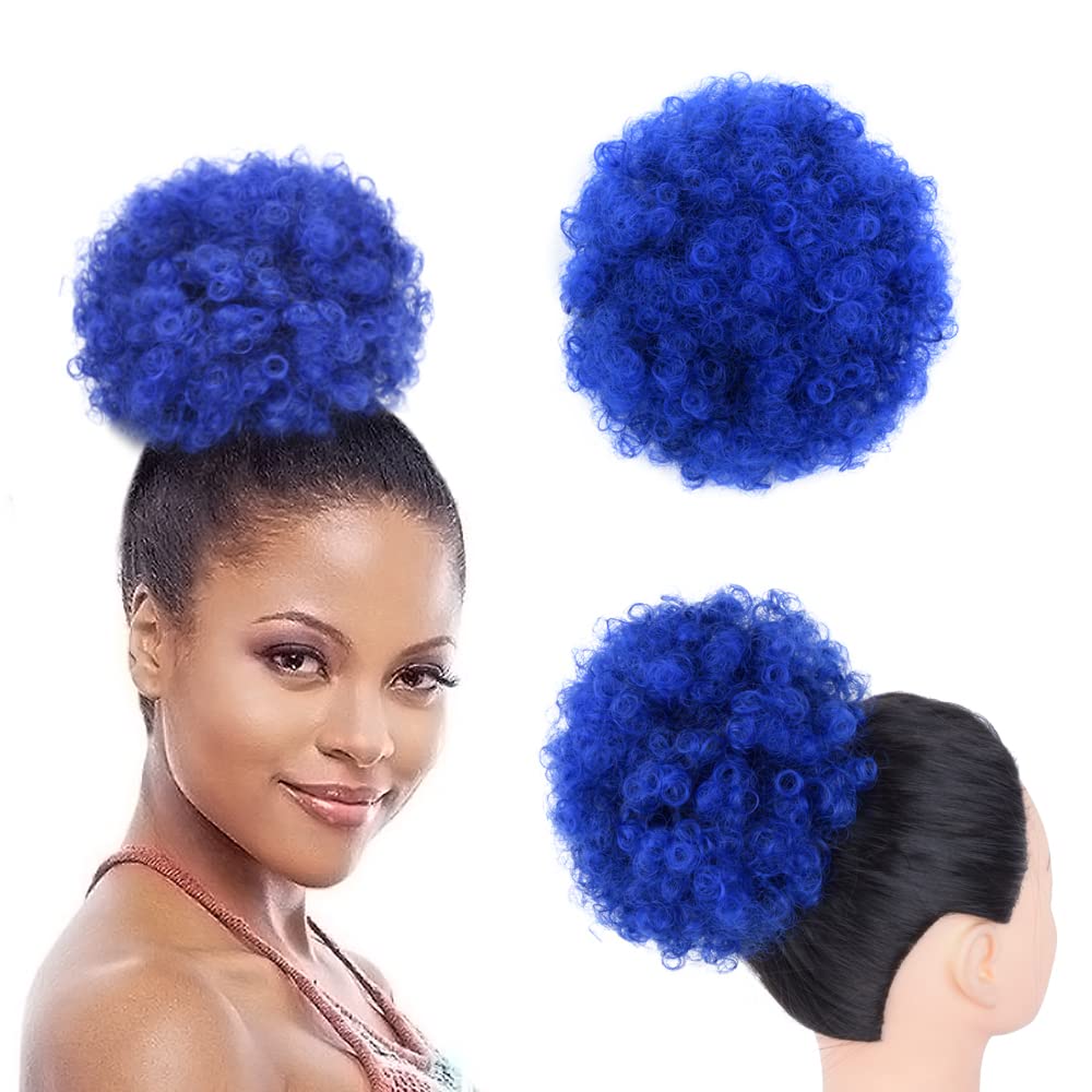 Yinmei Baibian Ombre Blue Afro Puff Drawstring Ponytails for Black Women Kinky Curly High Puffs Synthetic Bun Hair Pieces Updo C