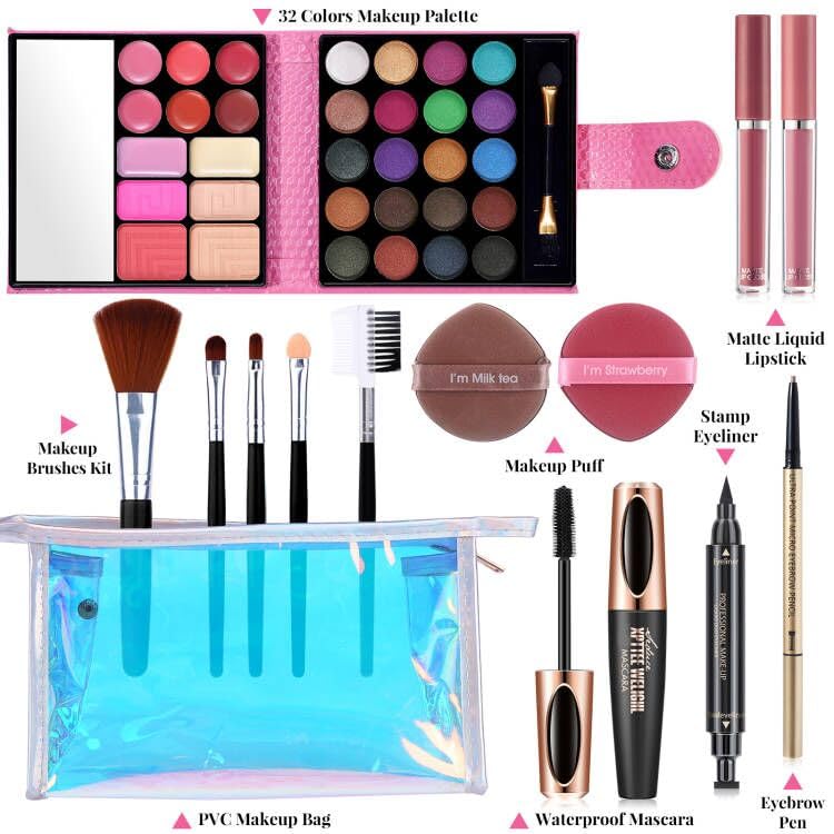 Makeup Set For Women Full Kit - 32 Colors Makeup Palette,5Pcs Brushes Set, Mascara & Stamp Liquid Eyeliner, Eyebrow Pen, 2Pcs Ma
