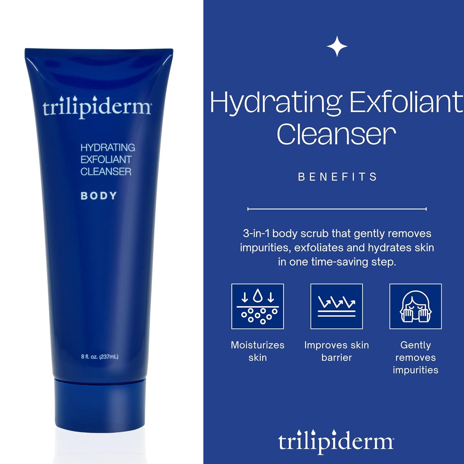 Trilipiderm Hydrating Exfoliant Cleanser - BODY, Antioxidant-Rich 3-in-1 Body Wash, Scrub and Hydrator, 3 Ounce Tube