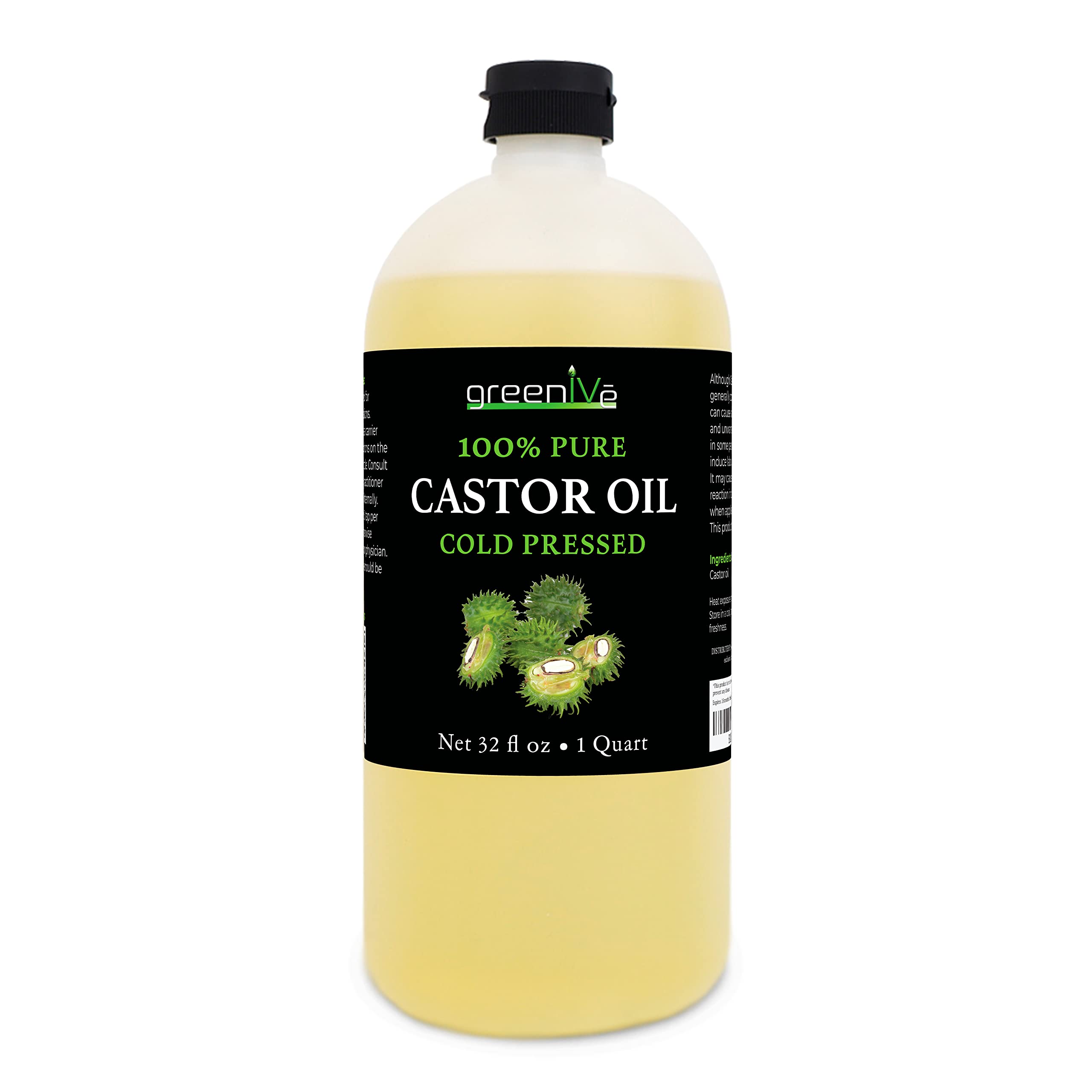 GreenIVe Castor Oil Organically Grown 100% Pure 32oz Bottle Cold Pressed, Hexane Free, Eyelash and Eyebrow Growth Serum, Skin Mo