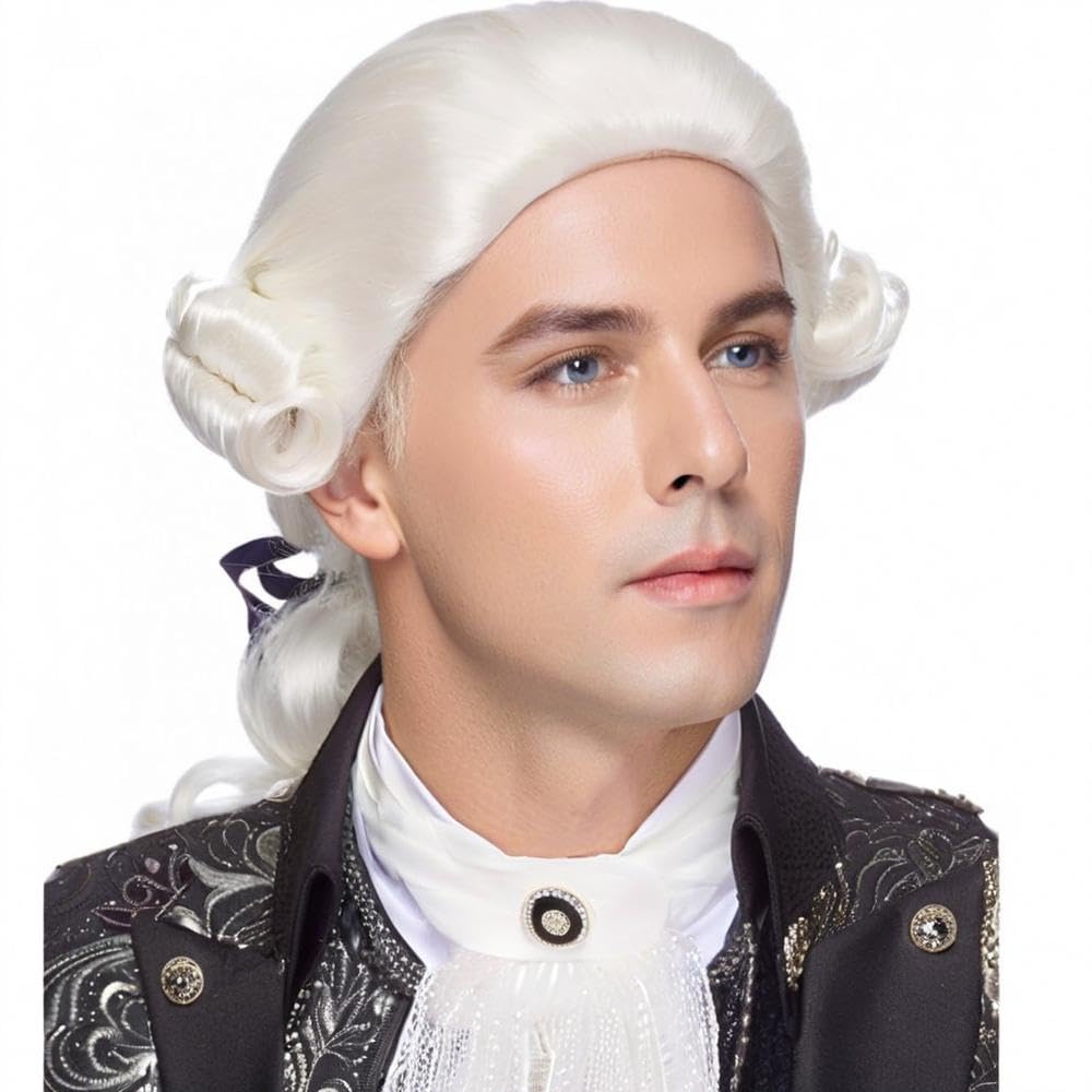 Traqur Judge Colonial Wig for Men White Funny Crazy Wigs Washington Halloween Costume Cosplay Party Wigs (White)