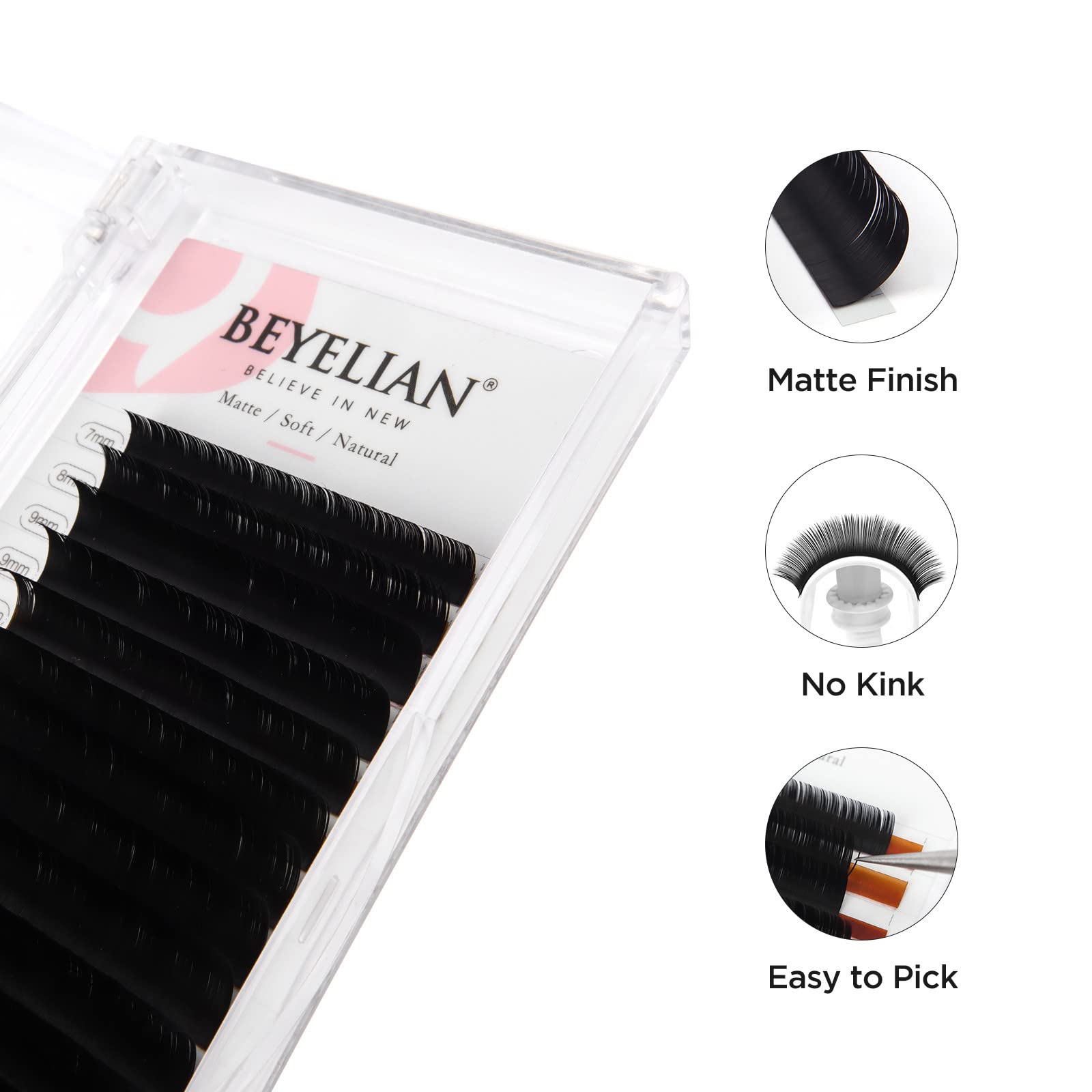 Beyelian Eyelash Extensions, Individual Lashes, 0.20Mm D Curl 14Mm Super Matte Classic Lash Extensions, Ellipse Flat Eyelash Ext