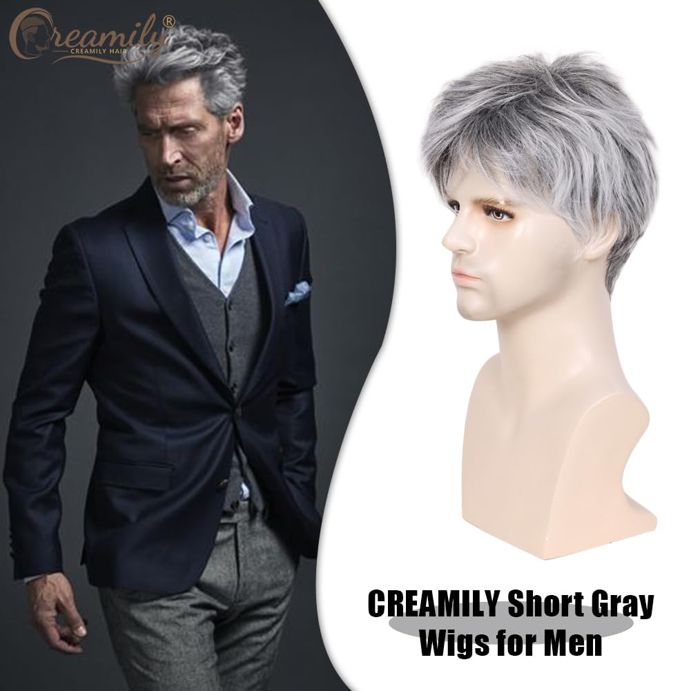 Creamily Mens Wigs Short Synthetic Layered Party Hair Full Wig For Male Guy Short Grey White Mix Black Wigs For Men